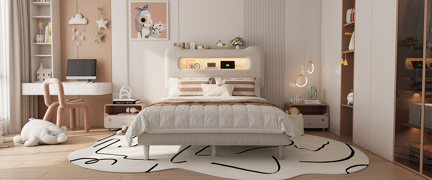 white boucle bed frame