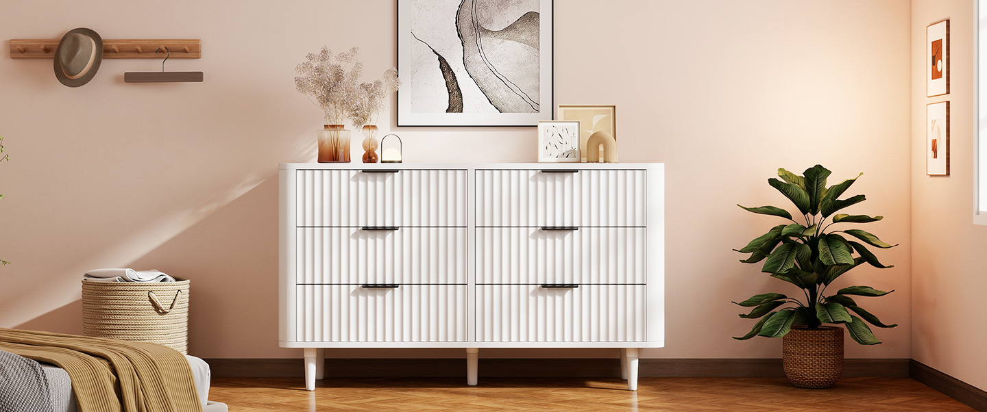 white glossy wave design dresser, mid-century wavy dresser with 6 drawers, Waveform 6-Drawer Dresser, 6 drawer dressers​, deep drawer dressers for bedroom​, storage for cabinet​, storage cabinets​, sideboard cabinet​