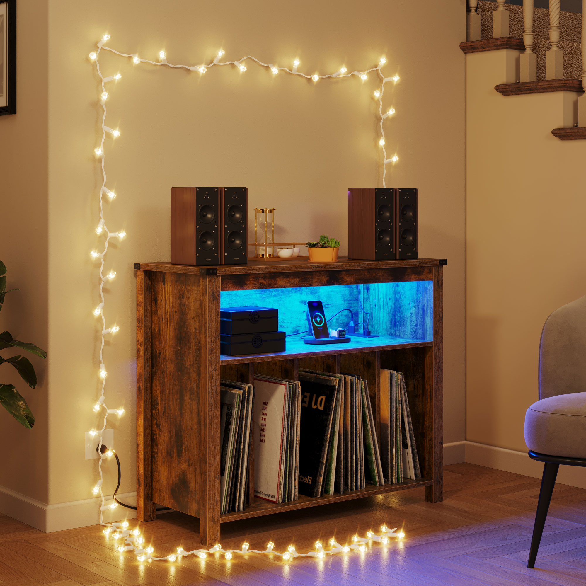 Yitahome | Farmhouse Record Player Stand with Power Outlets & LED