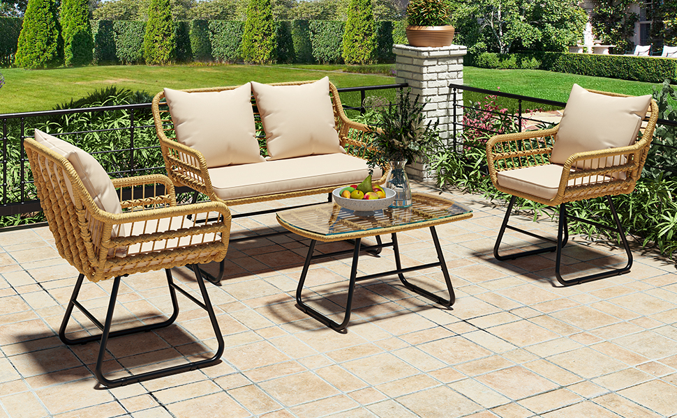 Yitahome 4 Pieces Patio All Weather Rattan Bistro Set With Soft Beige