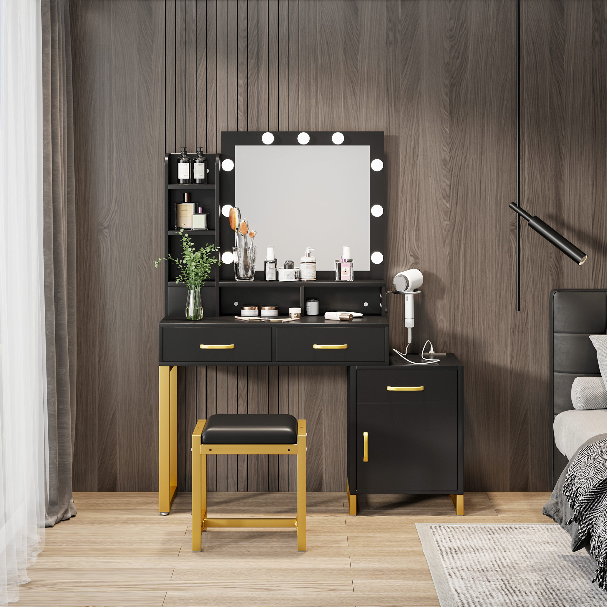 Yitahome Black Makeup Vanity Sets with Smart Lighted Mirrors, Drawers, Stroages & Chair Yitahome Black Makeup Vanity Sets with Smart Lighted Mirrors, Drawers, Stroages & Chair