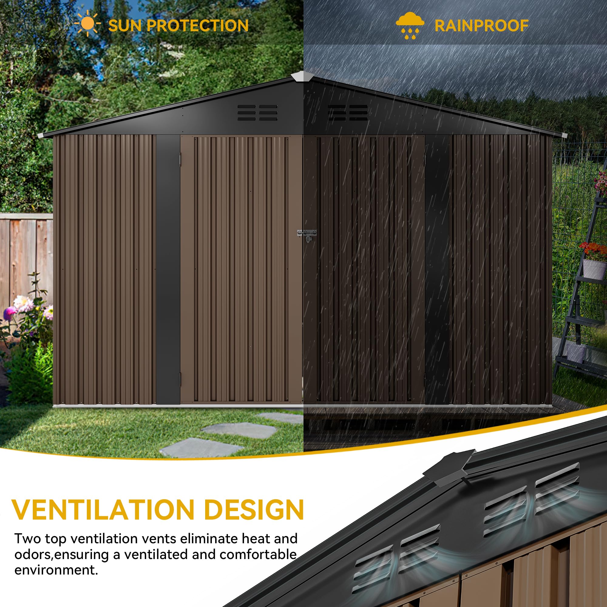 Yitahome | 10 x 8 ft Brown Outdoor Metal Motorbike Storage Tool