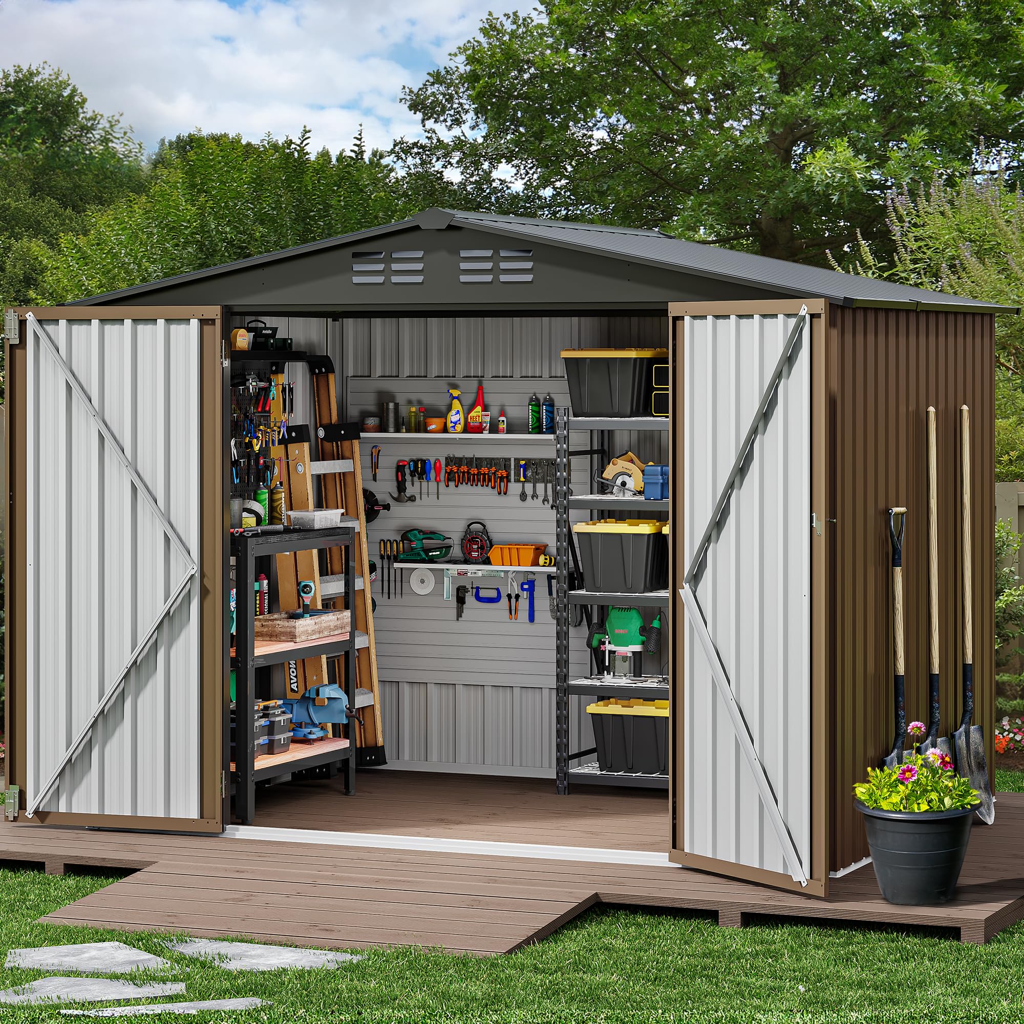 Yitahome | 8x6 ft Brown Metal Outdoor Garden Shed with Lockable Door