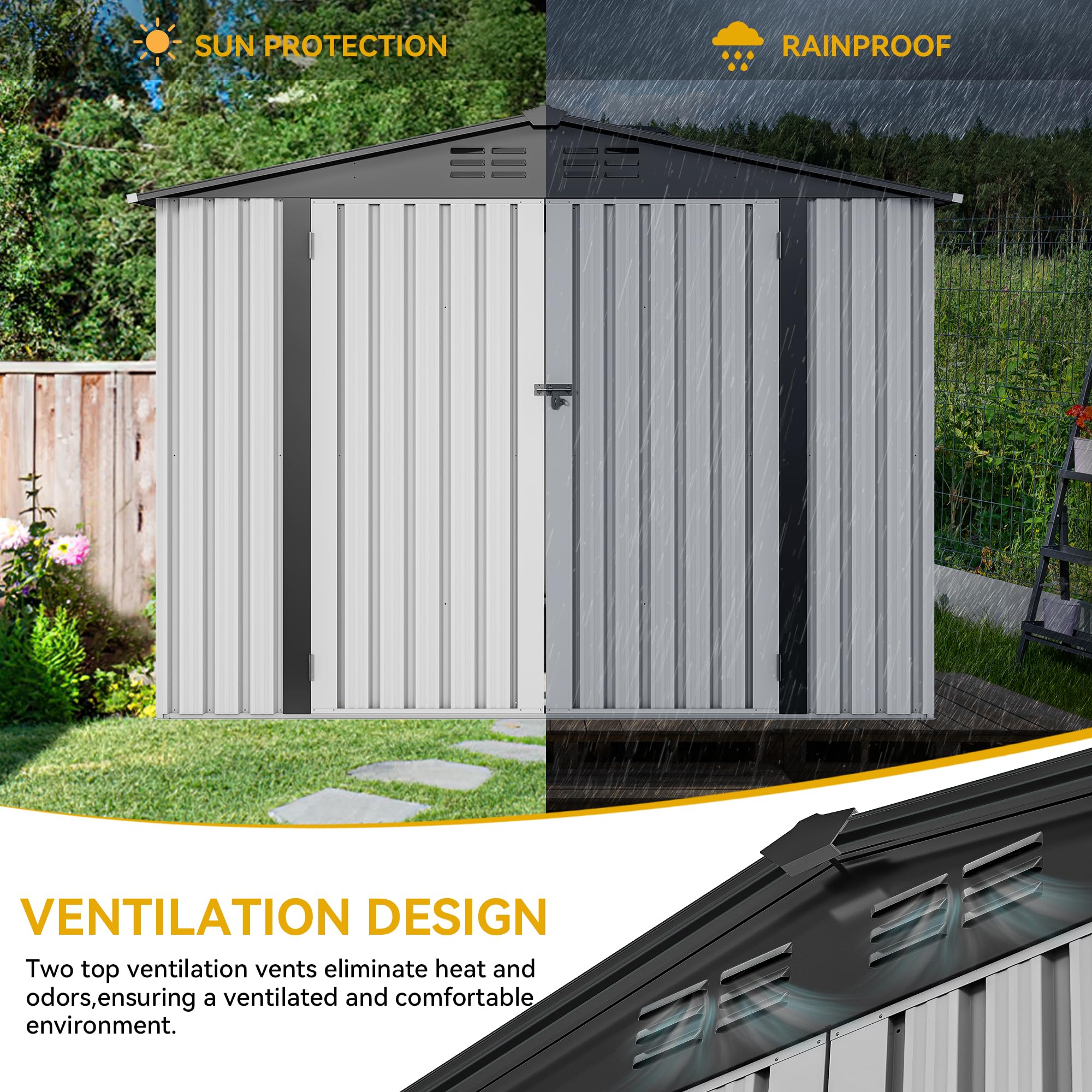 Yitahome | 8x6 ft White Metal Outside Storage Shed Kits with