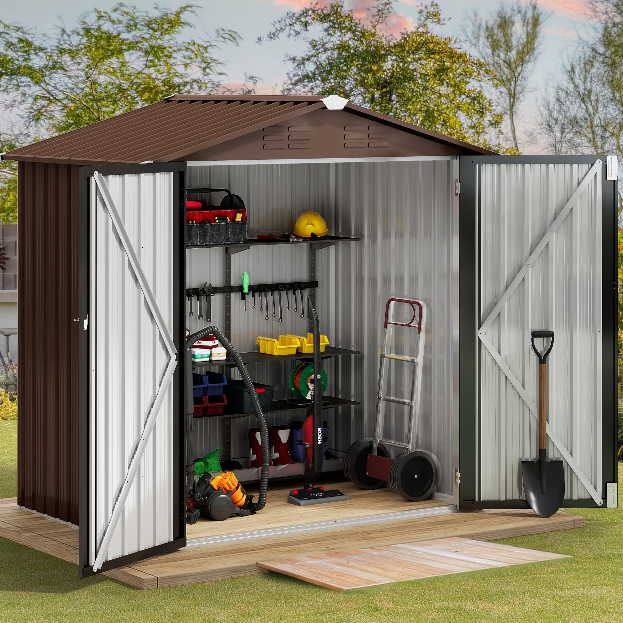 Yitahome | 6x4 ft Brown Metal Outdoor Storage Shed Kits with