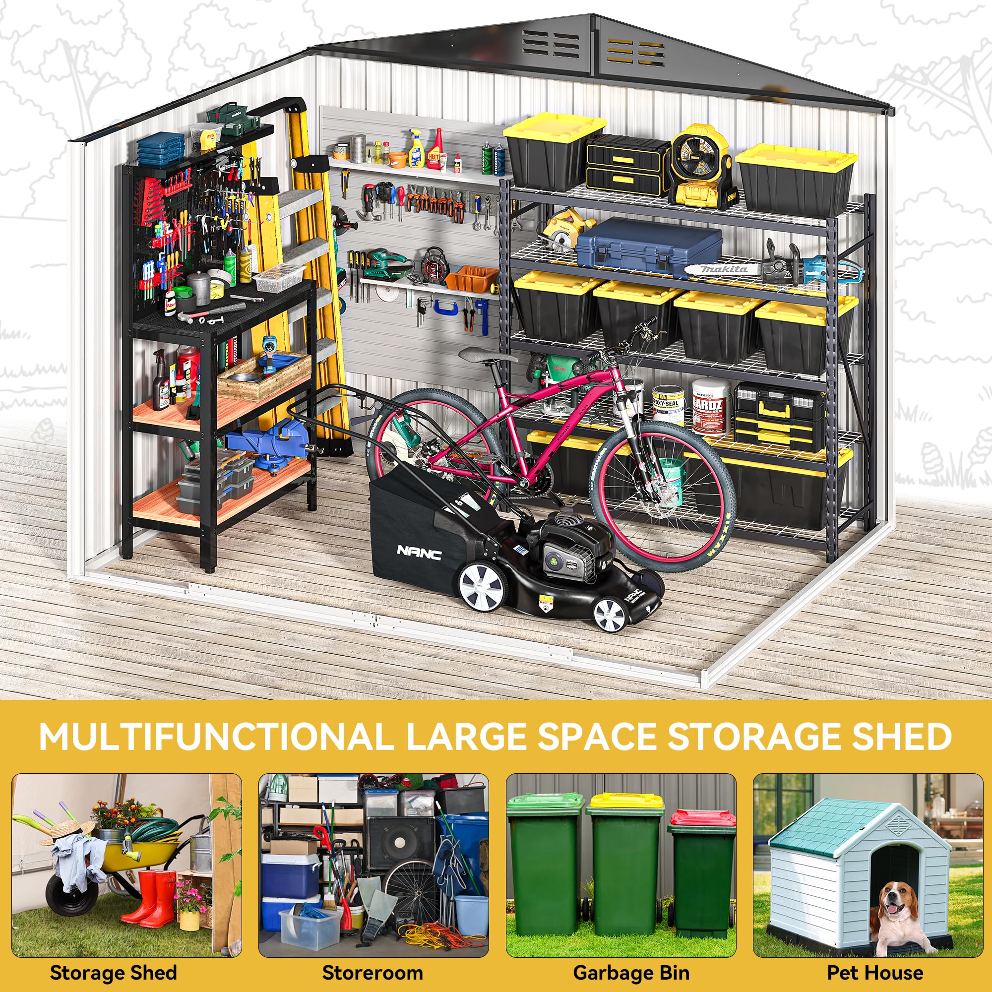 Yitahome | 8x6 ft White Metal Outside Storage Shed Kits with