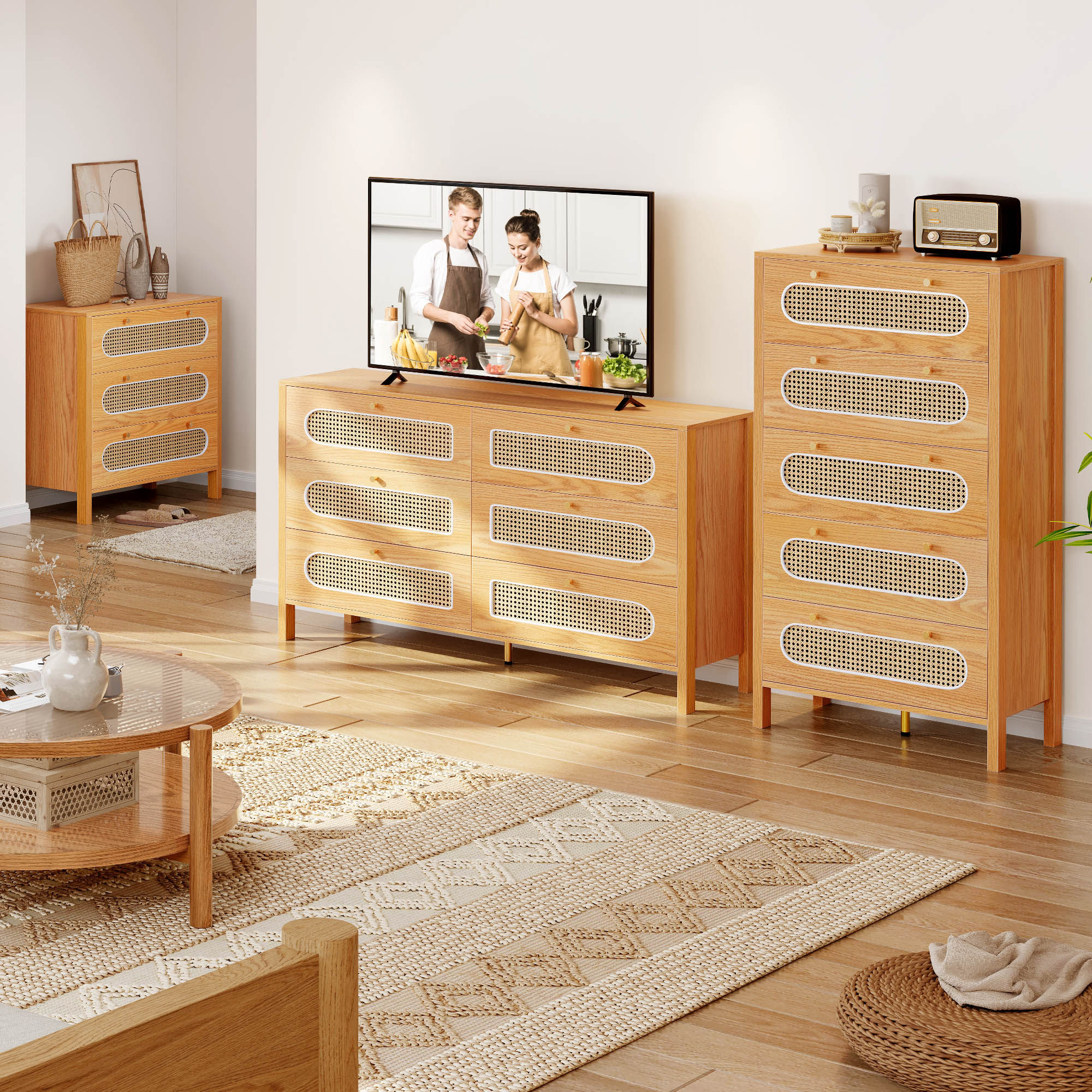 Yitahome Natural 5 Drawer Dressers Rattan Design for Living Room and Bedroom
