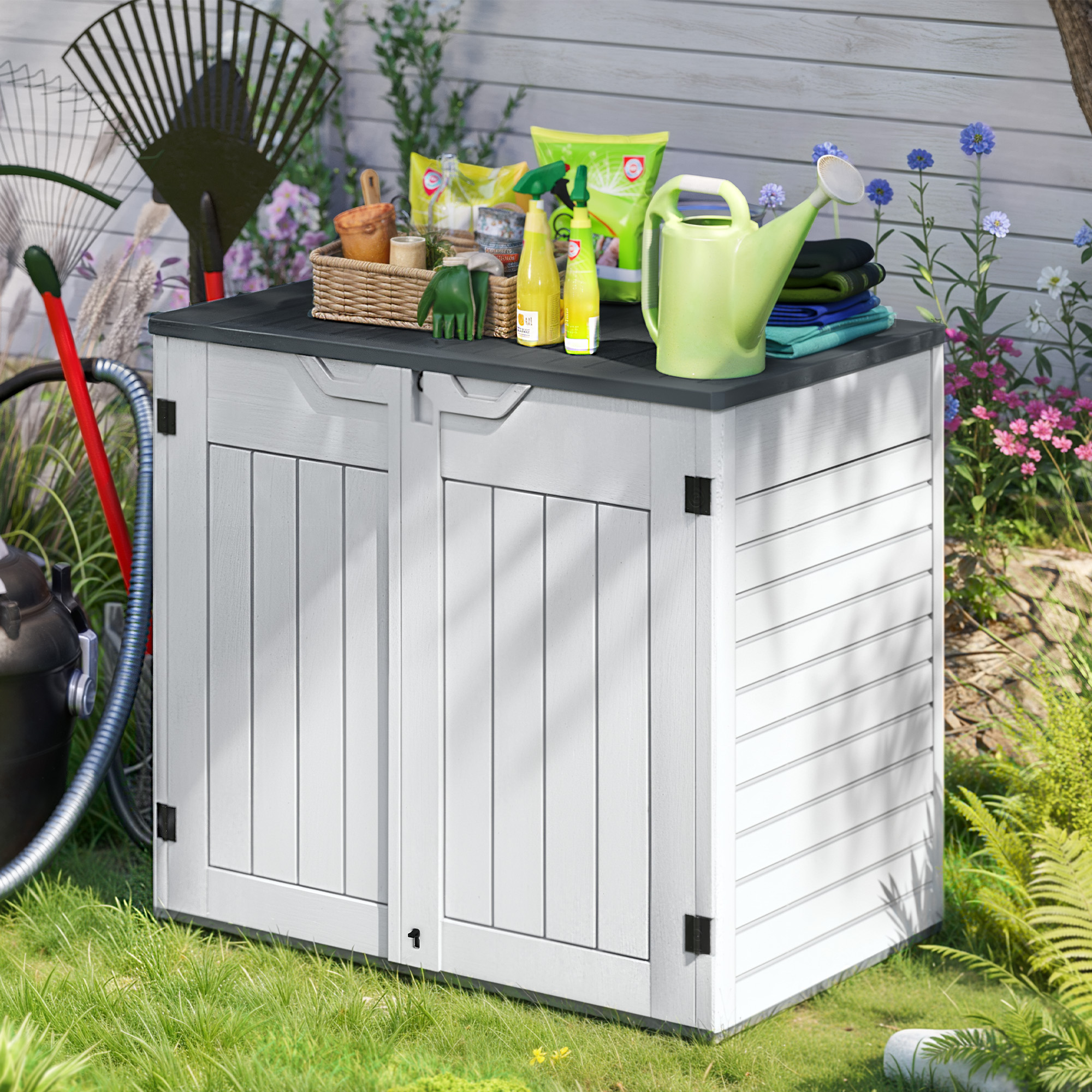 Suncast Shed Shelves Resin Outdoor Storage Cabinet, Vertical Shed With  Floor, Tall Tool Shed 4x6 Shed, image size:2000x2000