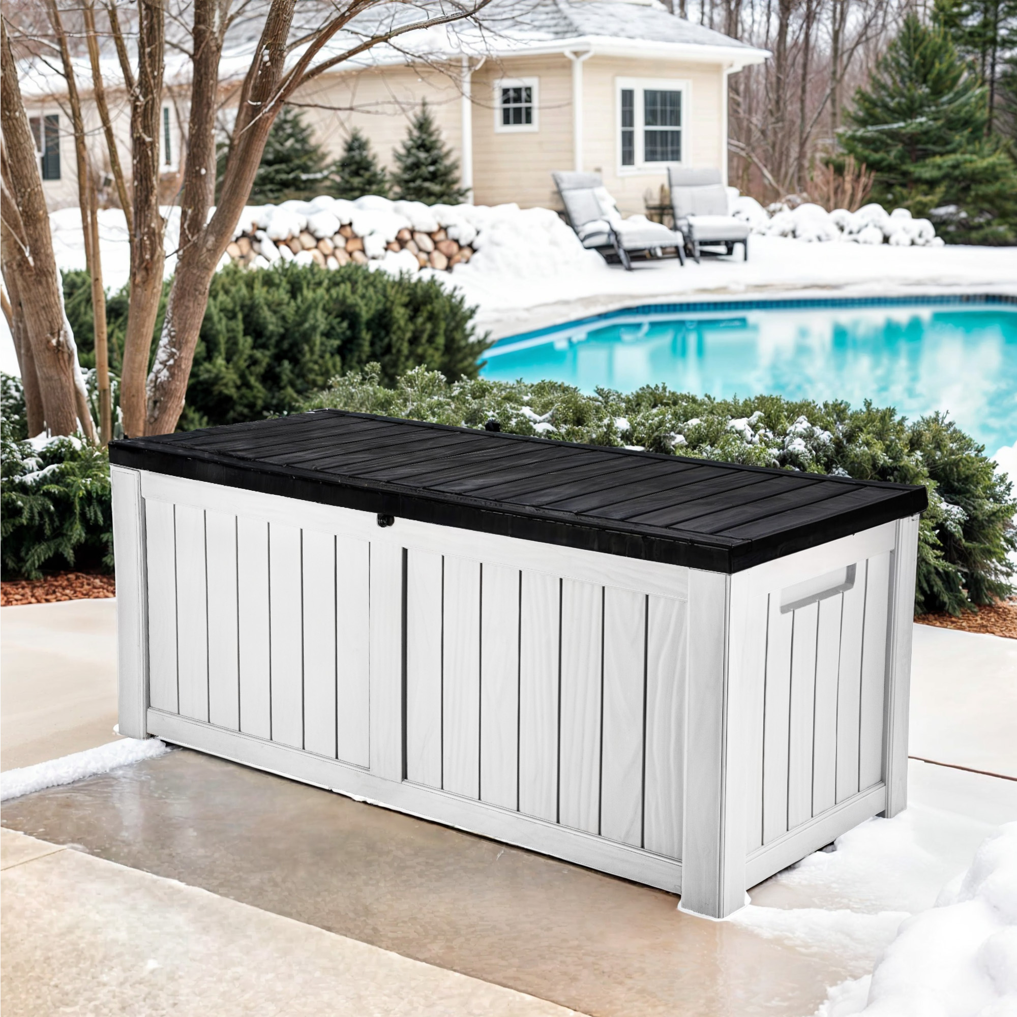 Pool Storage Bins Outdoor Waterproof 120 Gallon Large Black Resin