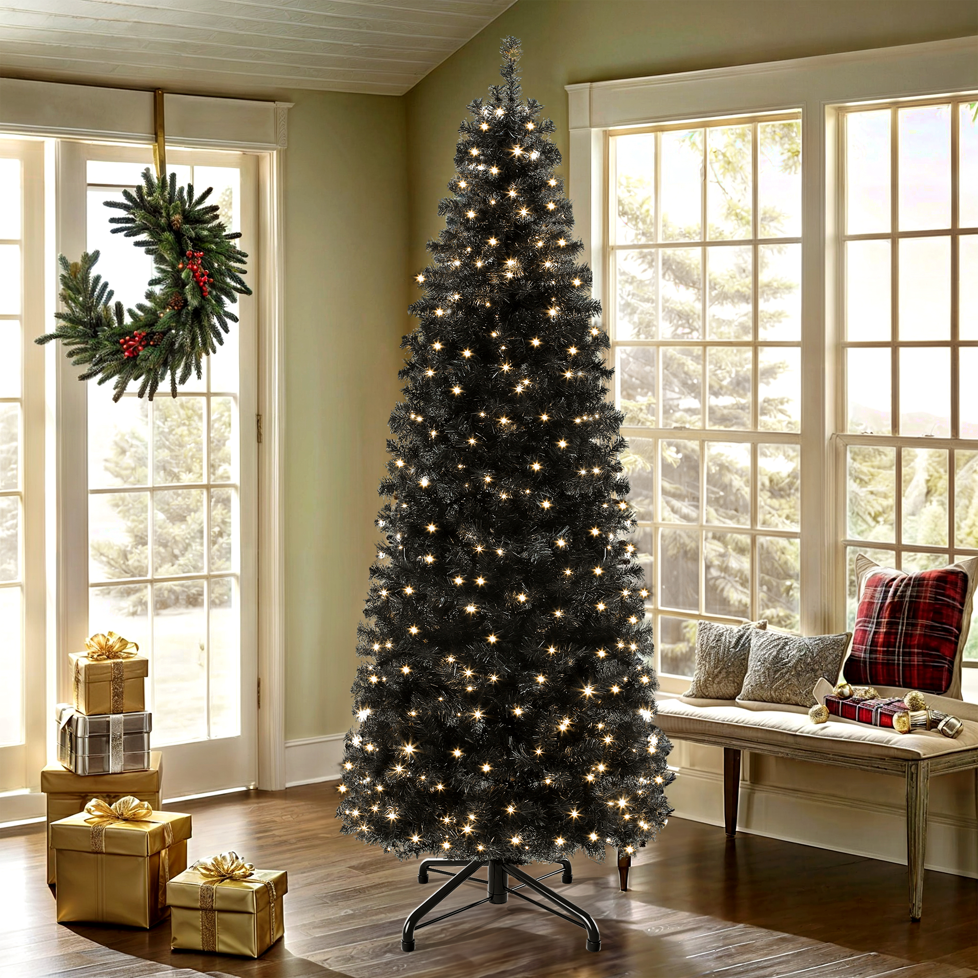 Yitahome | 7.5ft Black Prelit Spruce Artificial Skinny Christmas