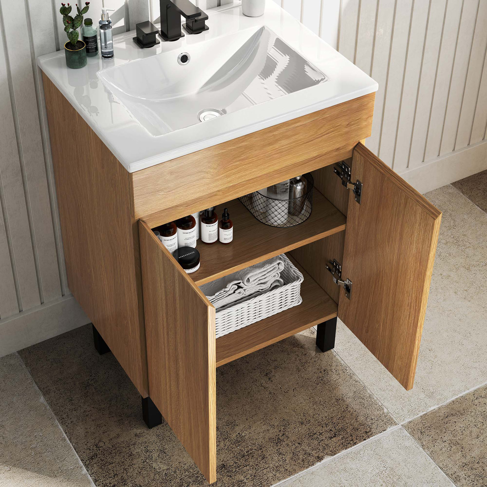 24-inch Bathroom Vanity With Ceramic Sink - Small Bathroom Storage Cabinet With Drawers & Soft-Close Doors