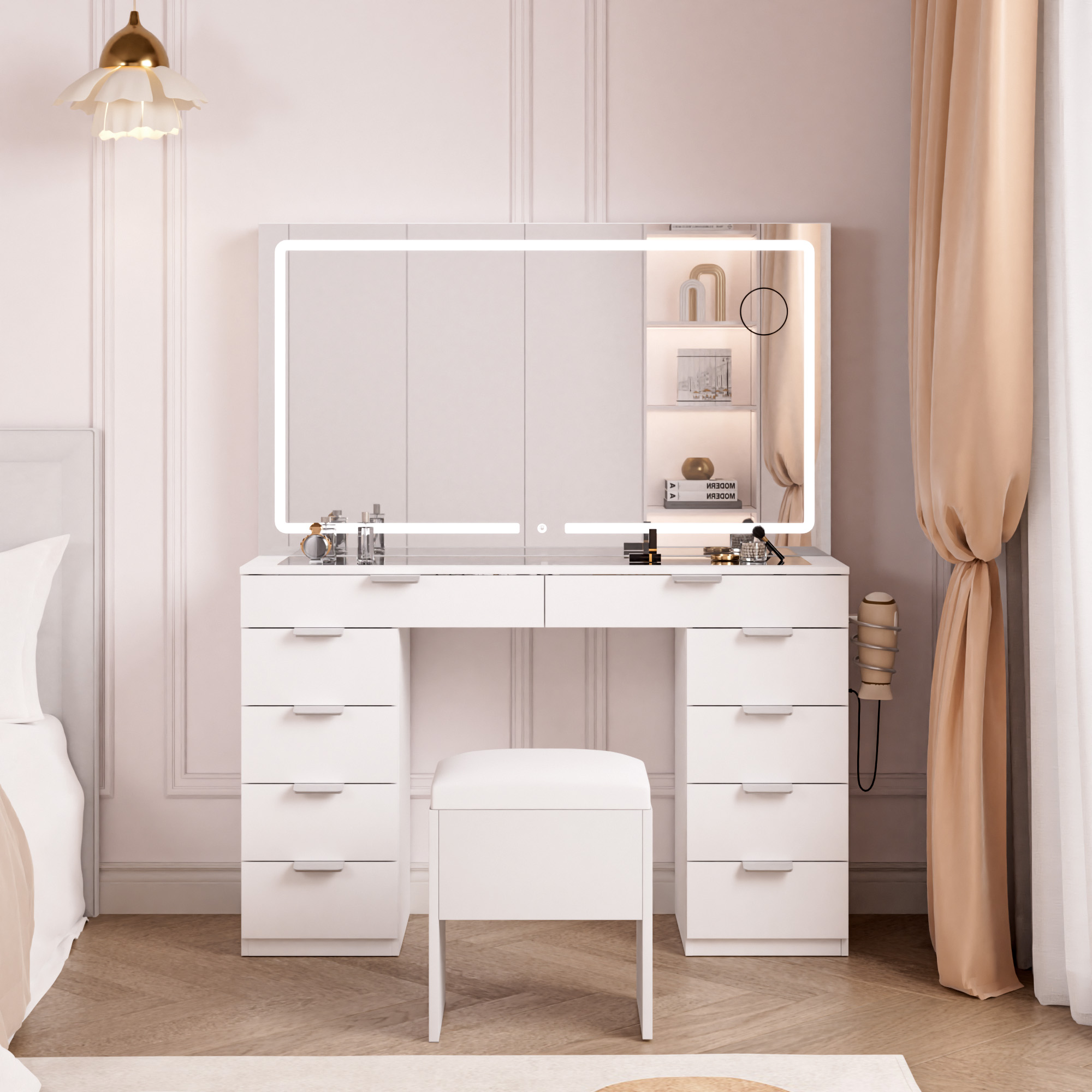 化粧台 化粧室 DRESSING TABLE WITH LIGHTS Yitahome | Modern White Glass Top Makeup Vanity Table Set