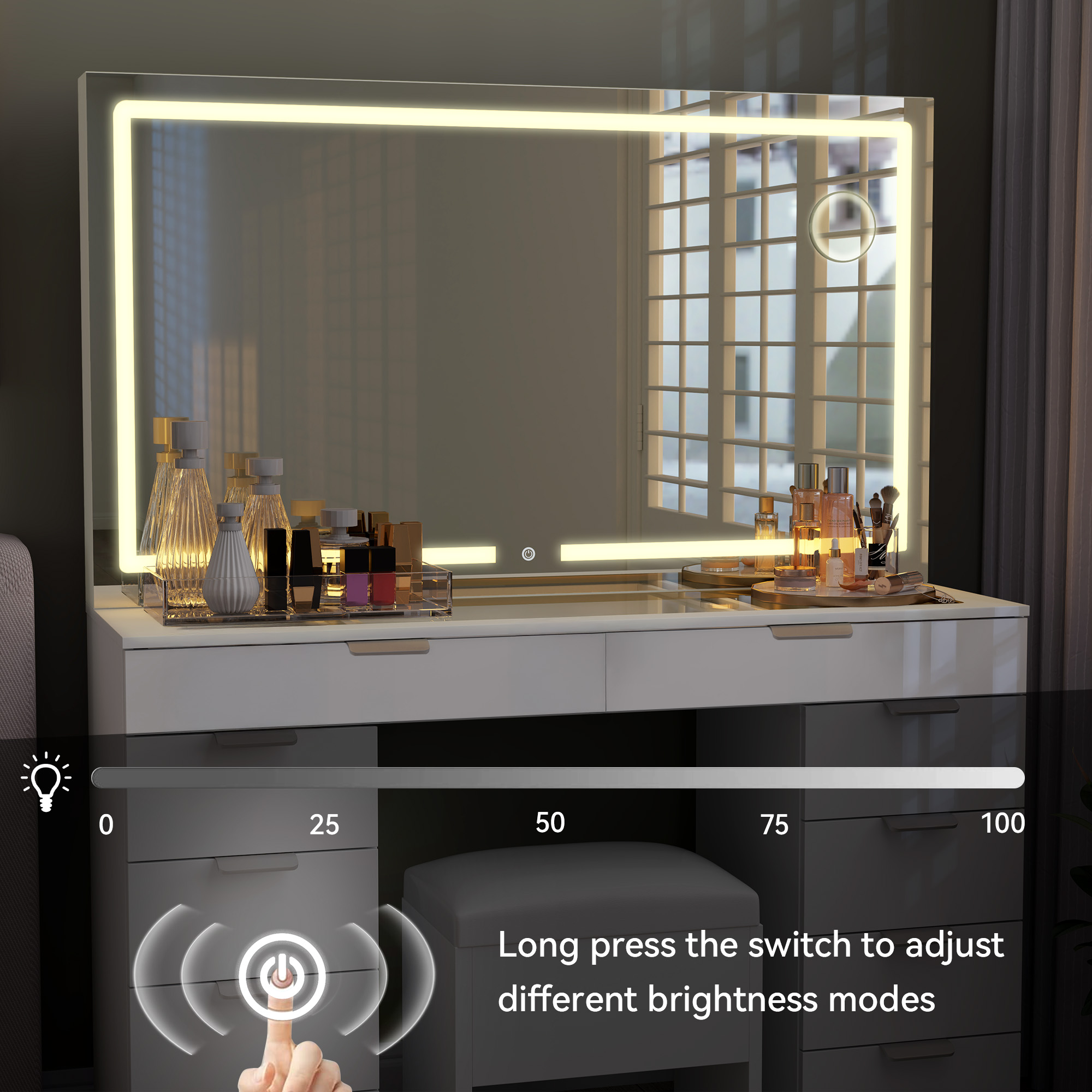 Yitahome | Modern White Glass Top Makeup Vanity Table Set with LED