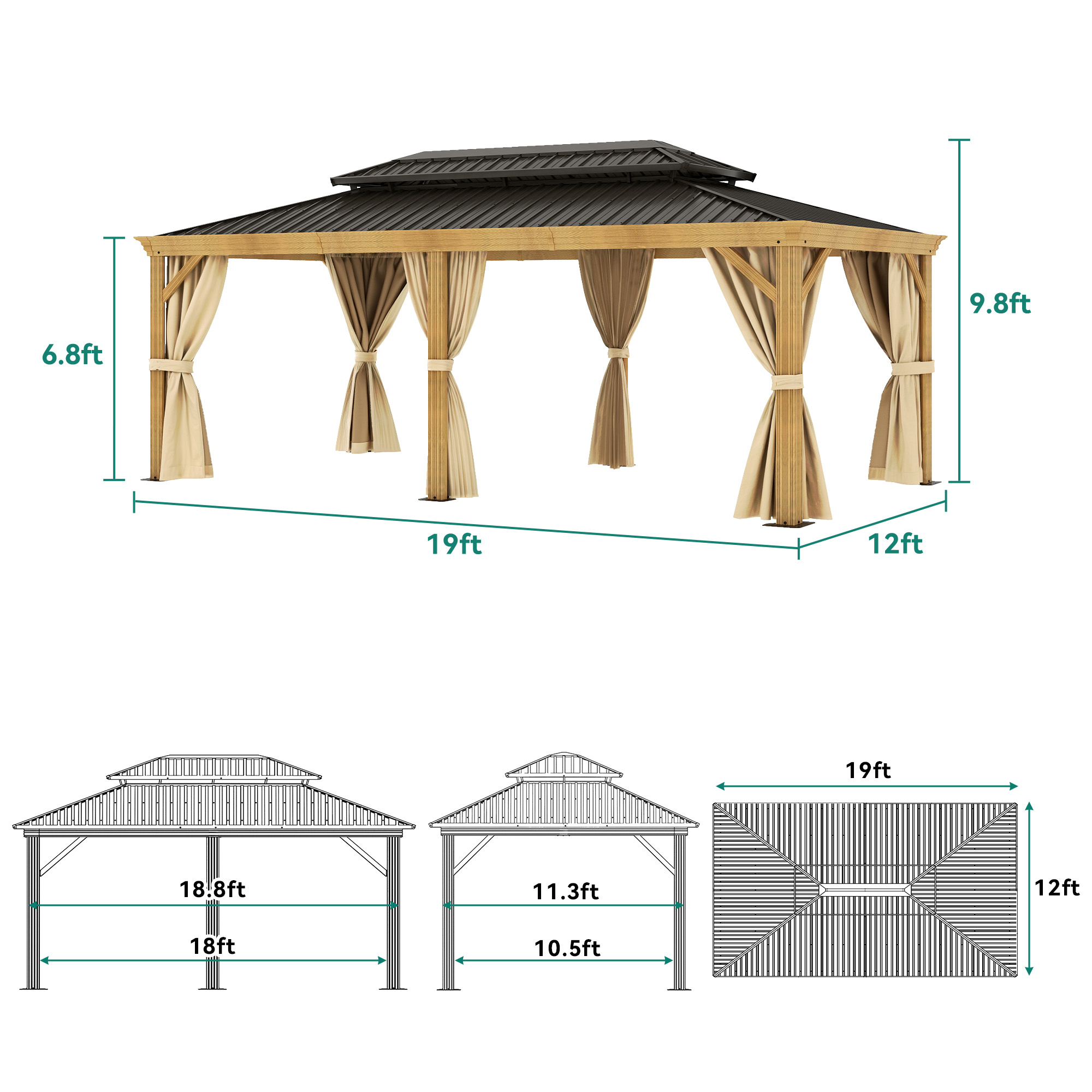Yitahome | 12x20 ft 2024 Upgrade Outdoor Hardtop Gazebo in Wooden