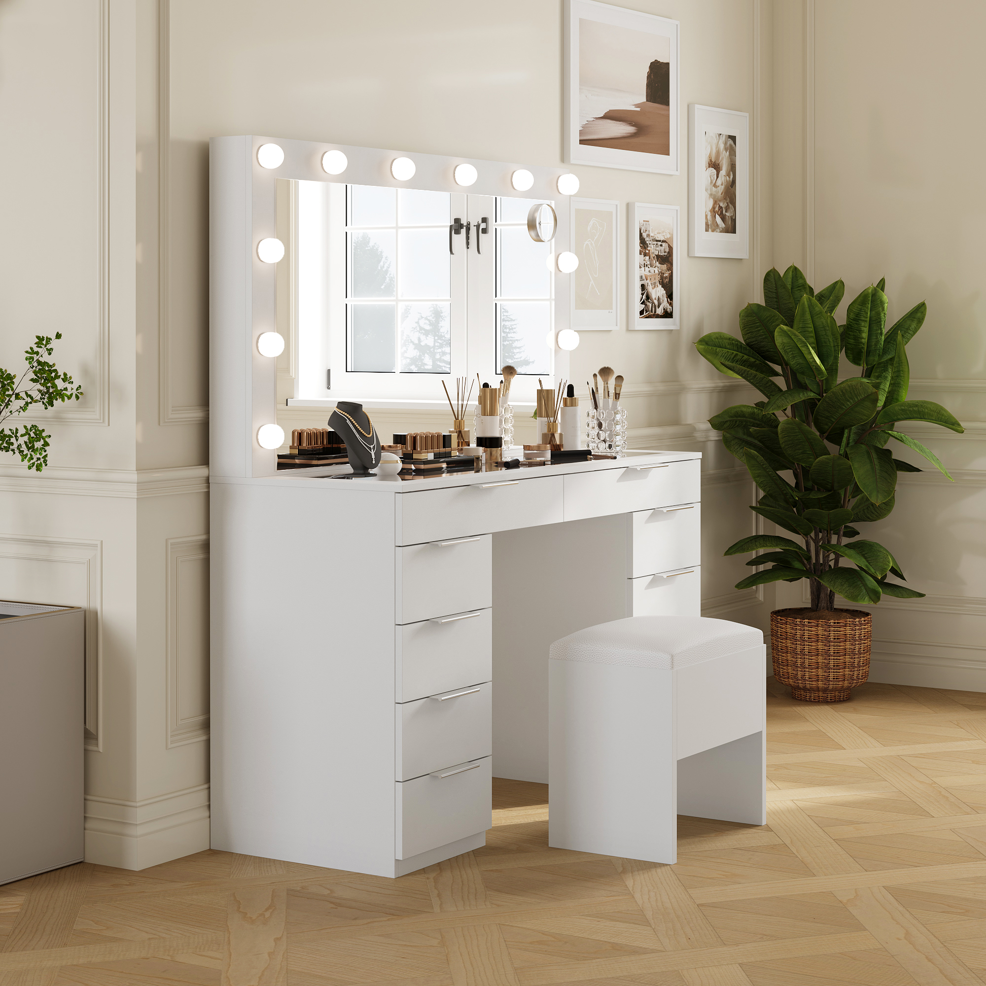 Yitahome Modern White 10-Drawer Makeup Vanity Desk Set with Glass Tabletop and 3-Color Adjustable Lighting Yitahome Modern White 10-Drawer Makeup Vanity Desk Set with Glass Tabletop and 3-Color Adjustable Lighting