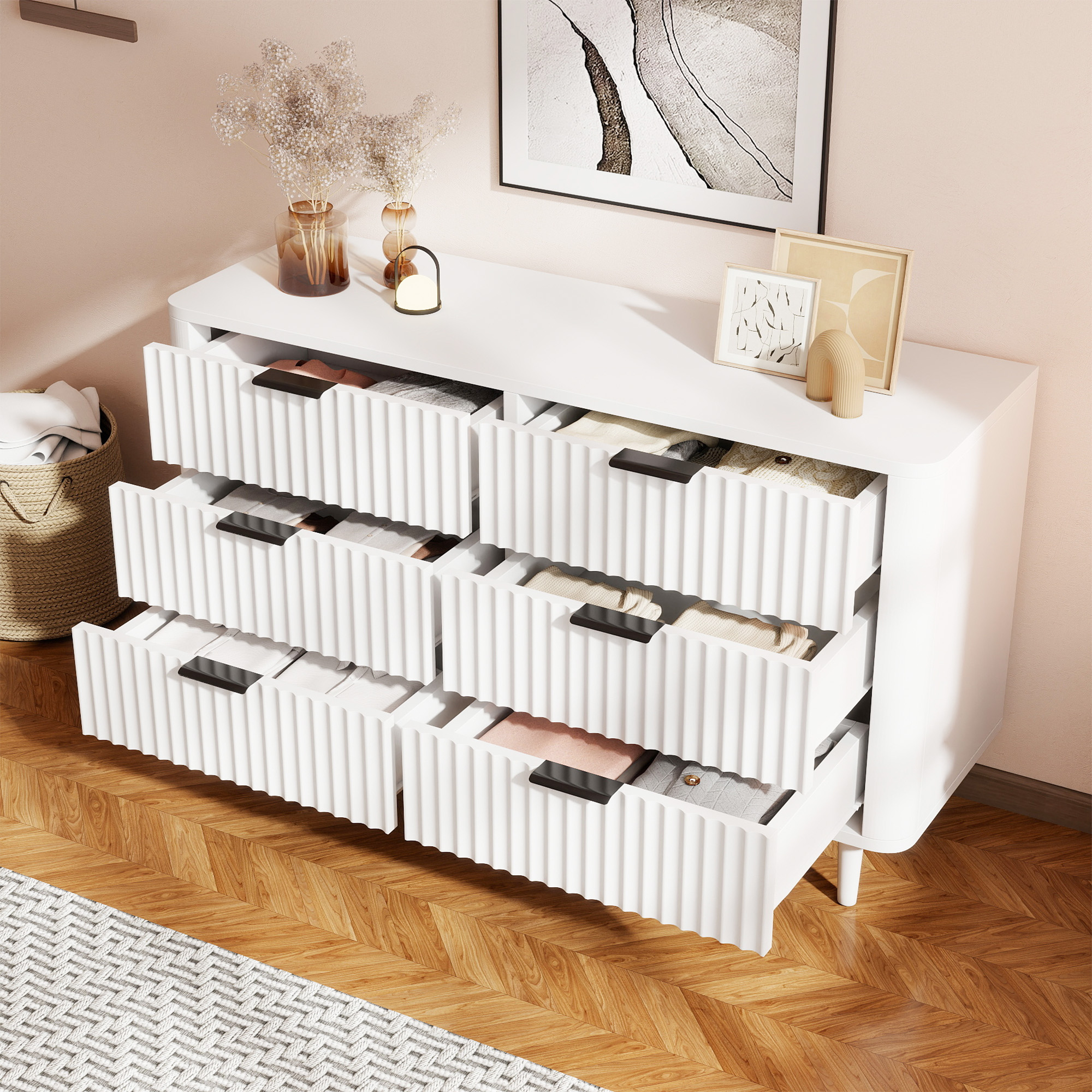 Yitahome | White Glossy Wave Design Dresser with 6 Drawers