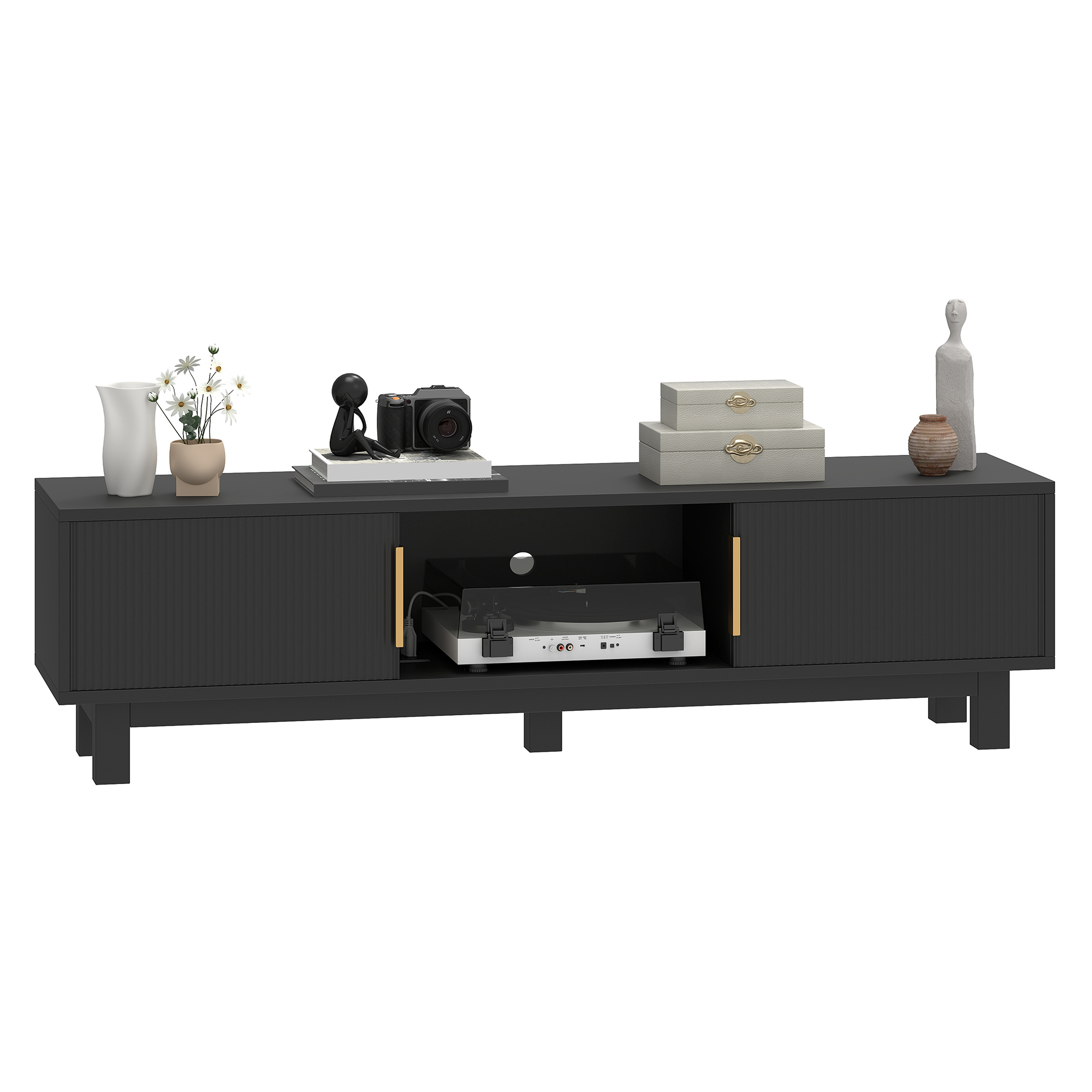 Yitahome | Mid-Century 59" Black Solid Wood Grille TV Stand with Adjustable  Shelves and Charging Station Fits TVs Up to 65"