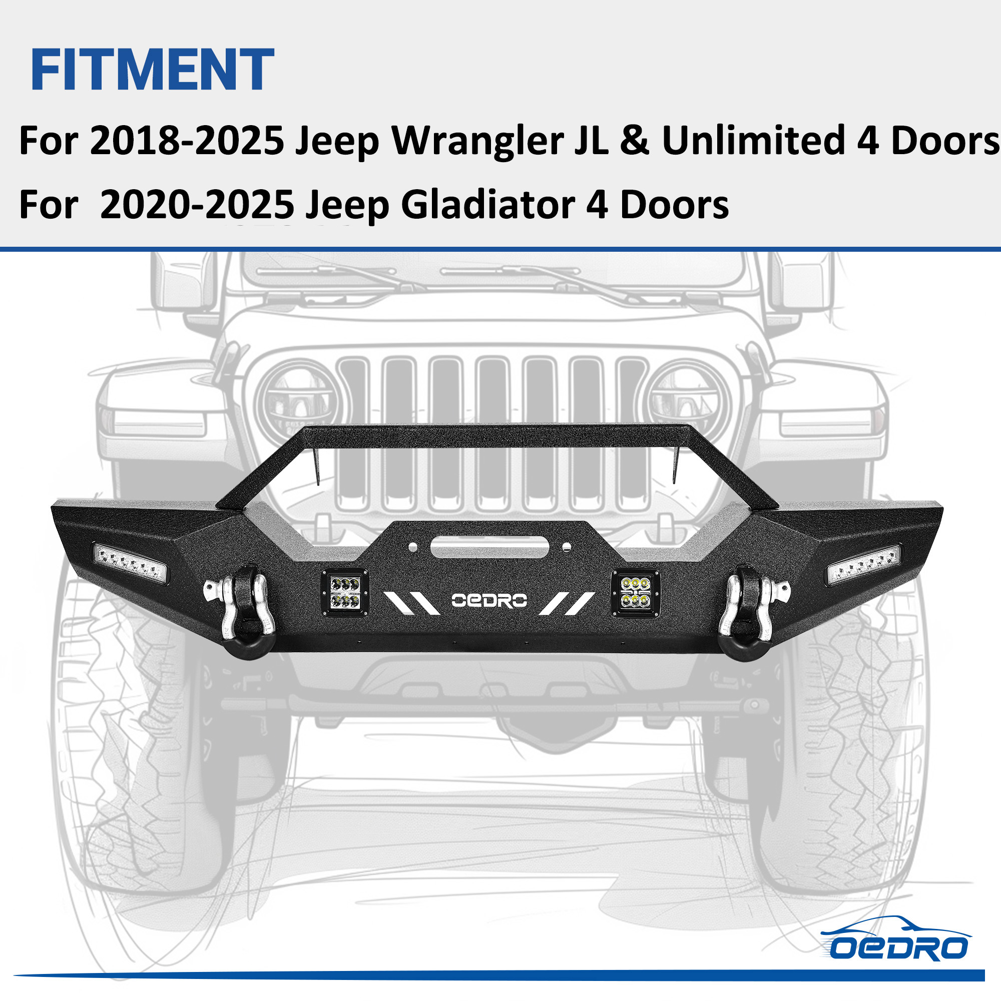 Side view of OEDRO Front Bumper for 2018-2025 Jeep Wrangler JL & Unlimited, 2020-2025 Jeep Gladiator with 4 x LED Lights & 2 x D-Rings