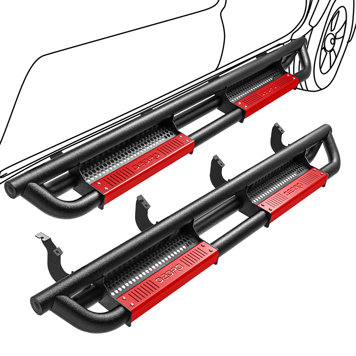Side view of OEDRO Running Boards for 2022-2026 Toyota Tundra CrewMAX Cab, Powder Coated Black and High Gloss Red Bolt-on Side Steps