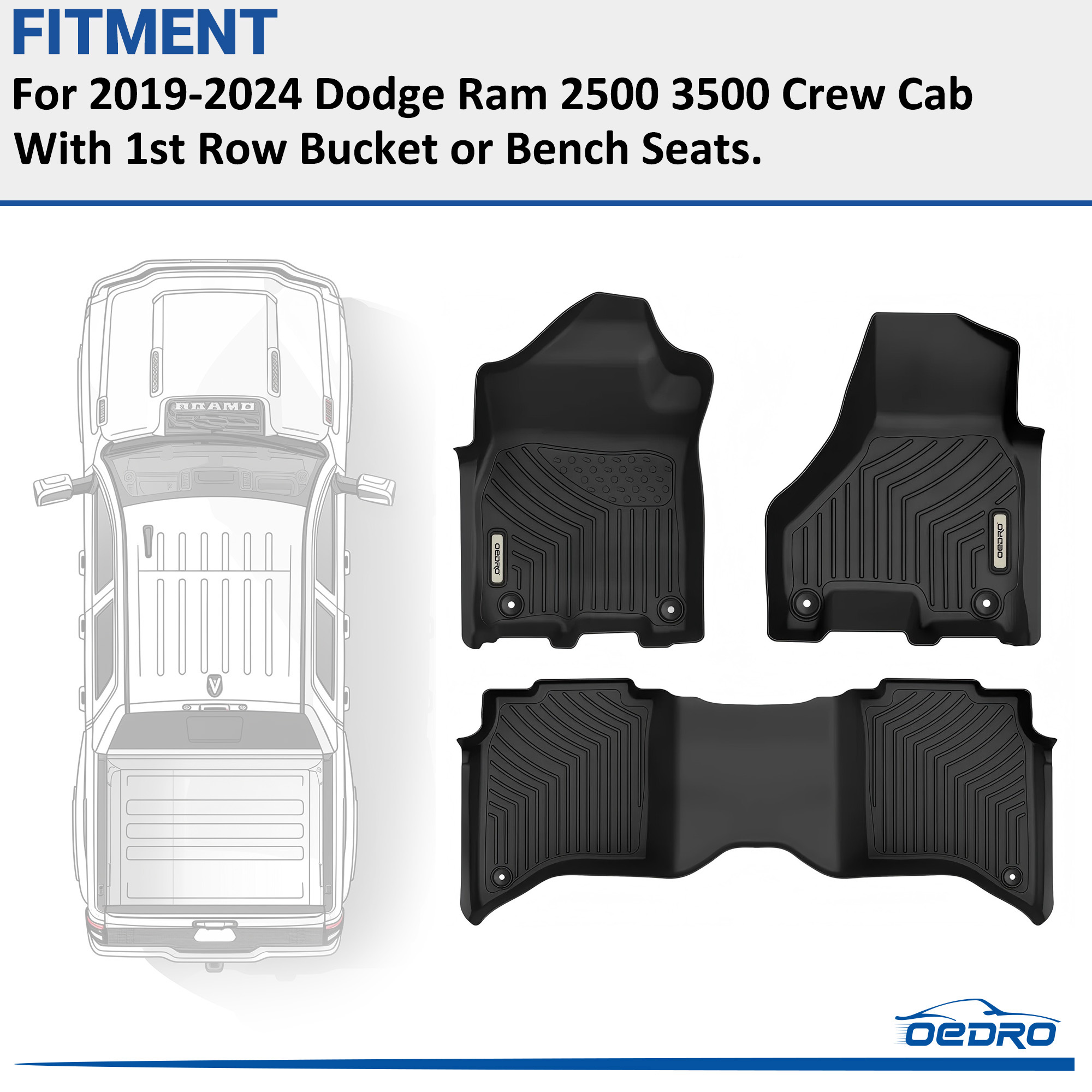 Side view of OEDRO Floor Mats for 2019-2024 Dodge Ram 2500 Crew Cab with 1st Row Bucket or Bench Seats, Custom Fit TPE All Weather Car Floor Liners