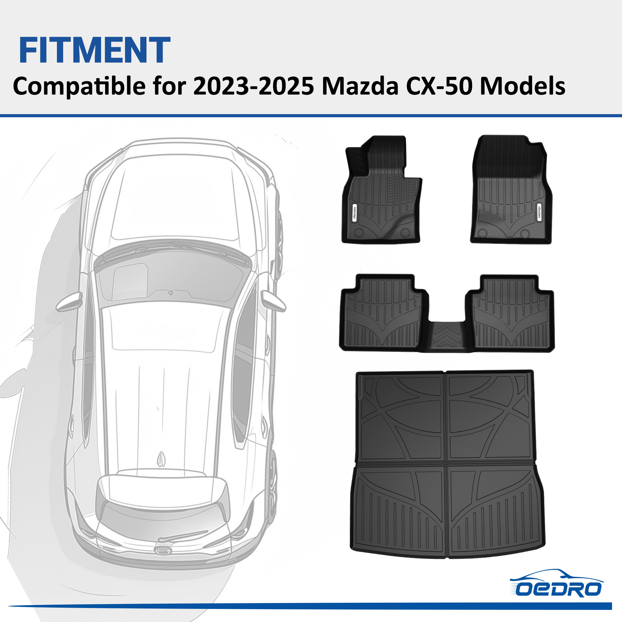 Side view of OEDRO Floor Mats Cargo Liner Fit for Mazda CX-50 2024 2023 TPE Floor Liners Set CX50 All Weather Guard Waterproof Front & 2nd Row, Cargo Mat