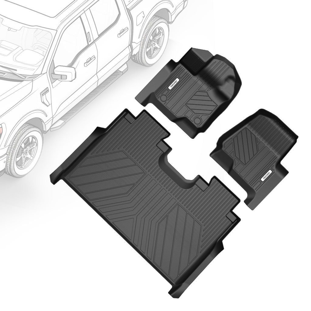 Side view of OEDRO Floor Mats for 2015-2026 Ford F150 SuperCrew Cab/ 2022-2026 F-150 Lightning SuperCrew Cab 1st & 2nd Front Row and Rear Floor Liner