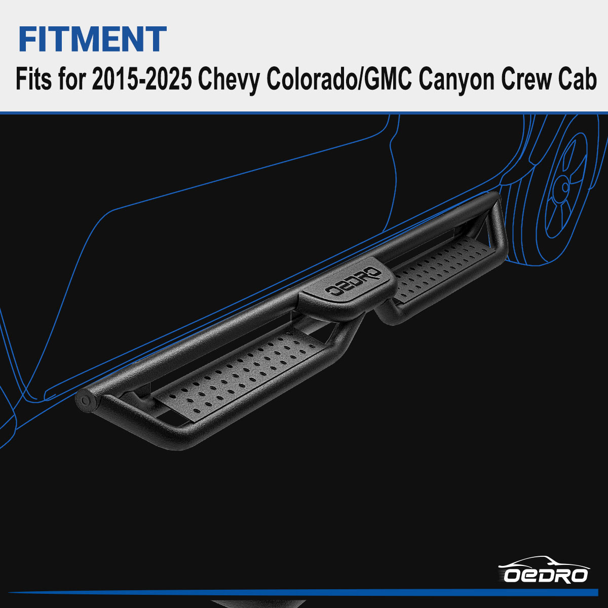 Side view of OEDRO 6" Running Boards for 2015-2026 Chevy Colorado/GMC Canyon Crew Cab, Bolt-on Side Steps Steel Nerf Bars