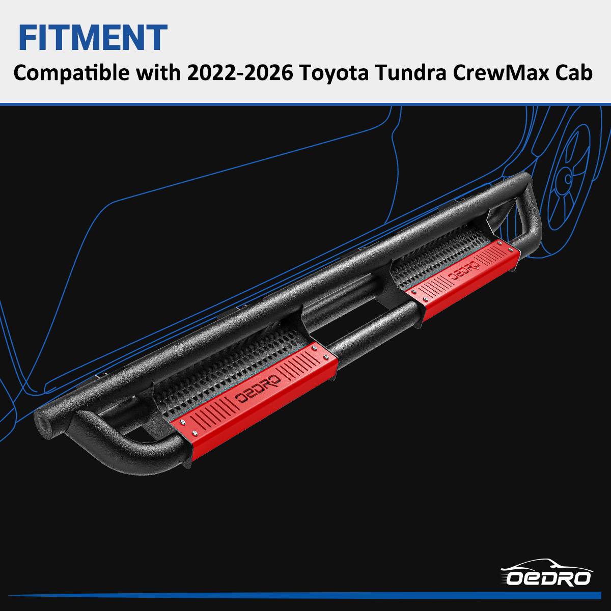 Side view of OEDRO Running Boards for 2022-2026 Toyota Tundra CrewMAX Cab, Powder Coated Black and High Gloss Red Bolt-on Side Steps