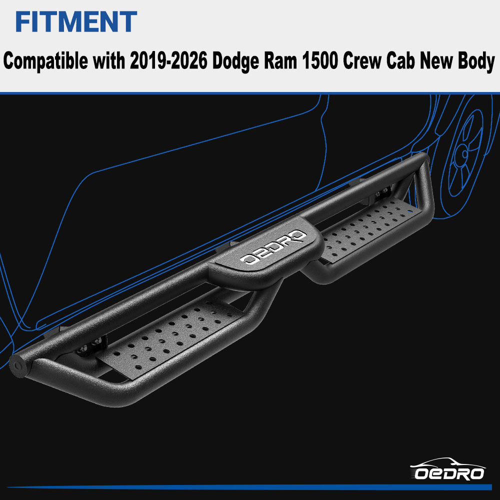 Side view of OEDRO Running Boards for 2019-2026 Dodge Ram 1500 Crew Cab New Body, Bolt-on Side Steps Steel Nerf Bar