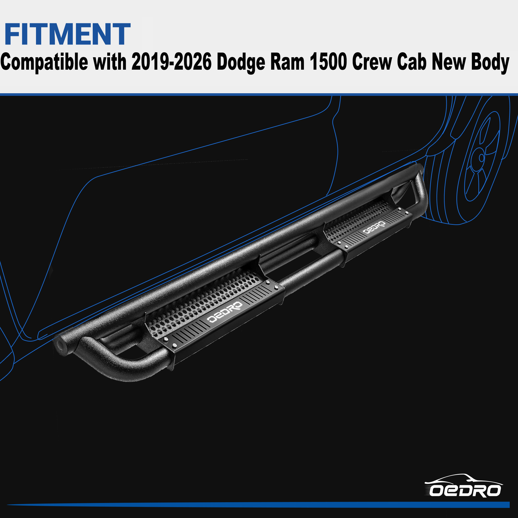 Side view of OEDRO 6 inch Running Boards for 2019-2026 Dodge  Ram 1500 New Body Crew Cab nerf bars steps Side Steps Paintable Black Step Armor, Powder Coated Black