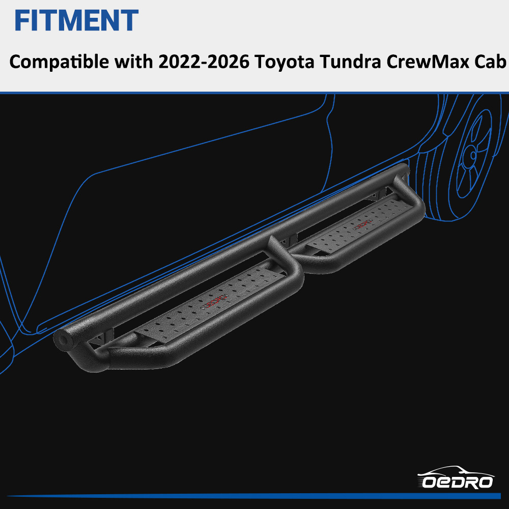 Side view of OEDRO® Running Boards for 2022-2026 Toyota Tundra Crewmax Cab, Bolt-on Drop Side Step, Black Powder Coated All-Steel Nerf Bar