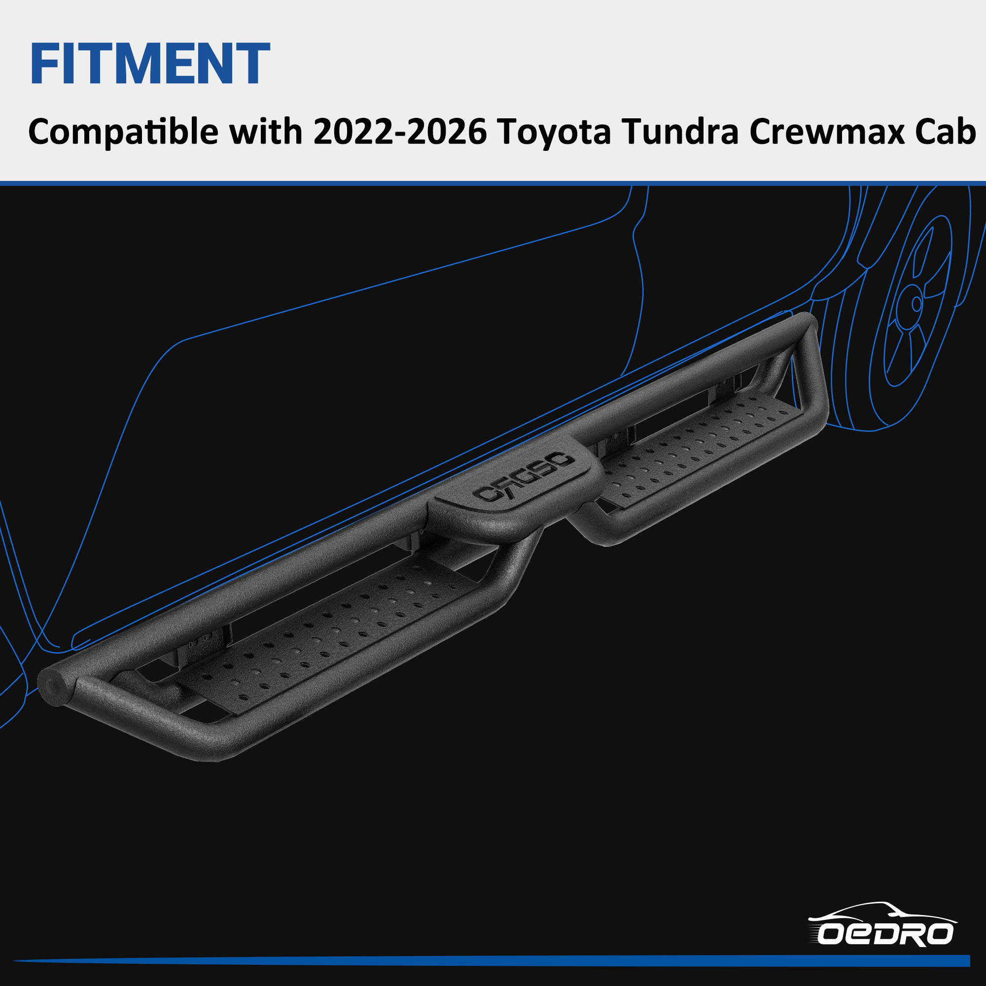 Side view of OEDRO® Running Boards for 2022-2026 Toyota Tundra Crewmax Cab with Two Stairs Design All-Steel Build, Bolt-on Side Steps