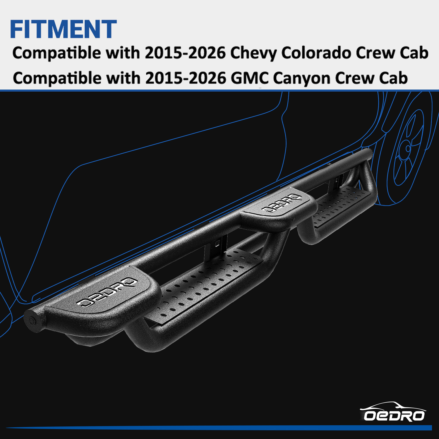 Side view of 6" Running Boards for 2015-2026 Chevy Colorado/GMC Canyon Crew Cab, Bolt-on Side Two Stairs Steps Steel Nerf Bars Dual Convex Platform