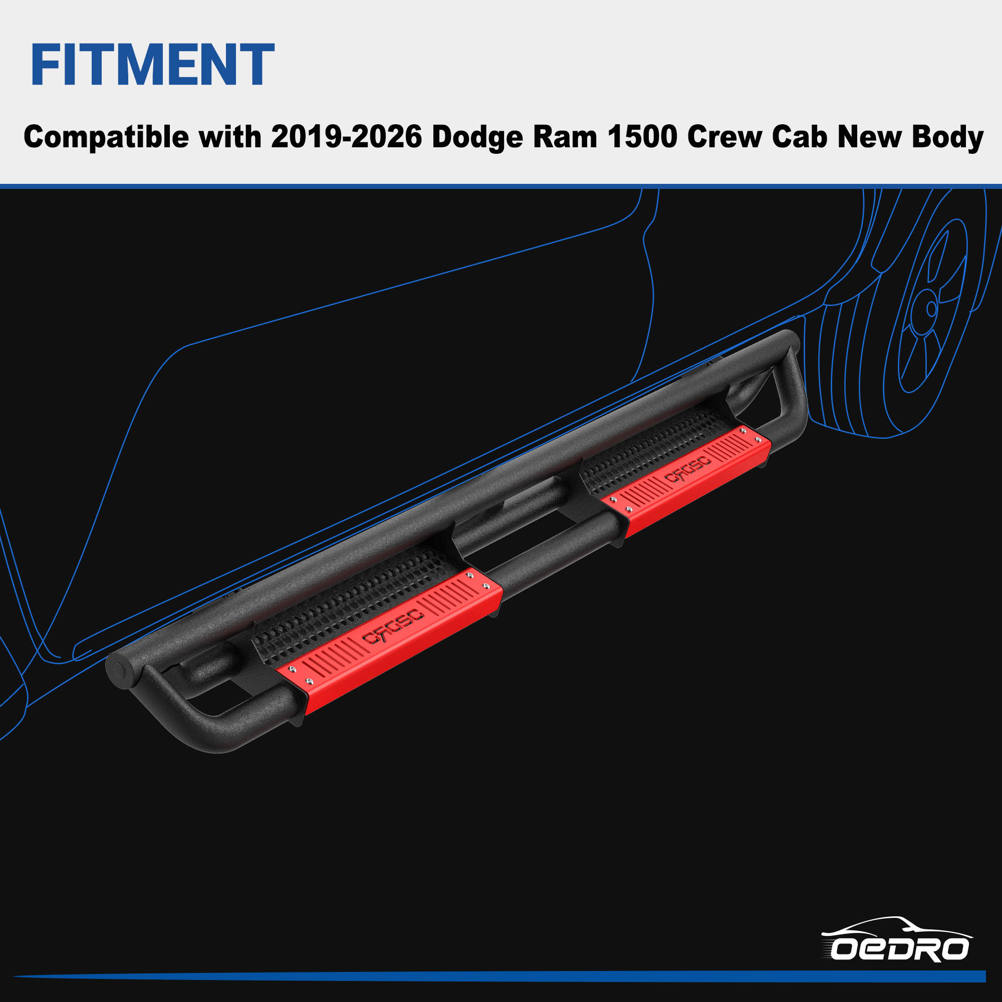 Side view of OEDRO® Running Boards for 2019-2026 Dodge Ram 1500 Crew Cab New Body (NOT for Classic ) Bolt-on Side Steps