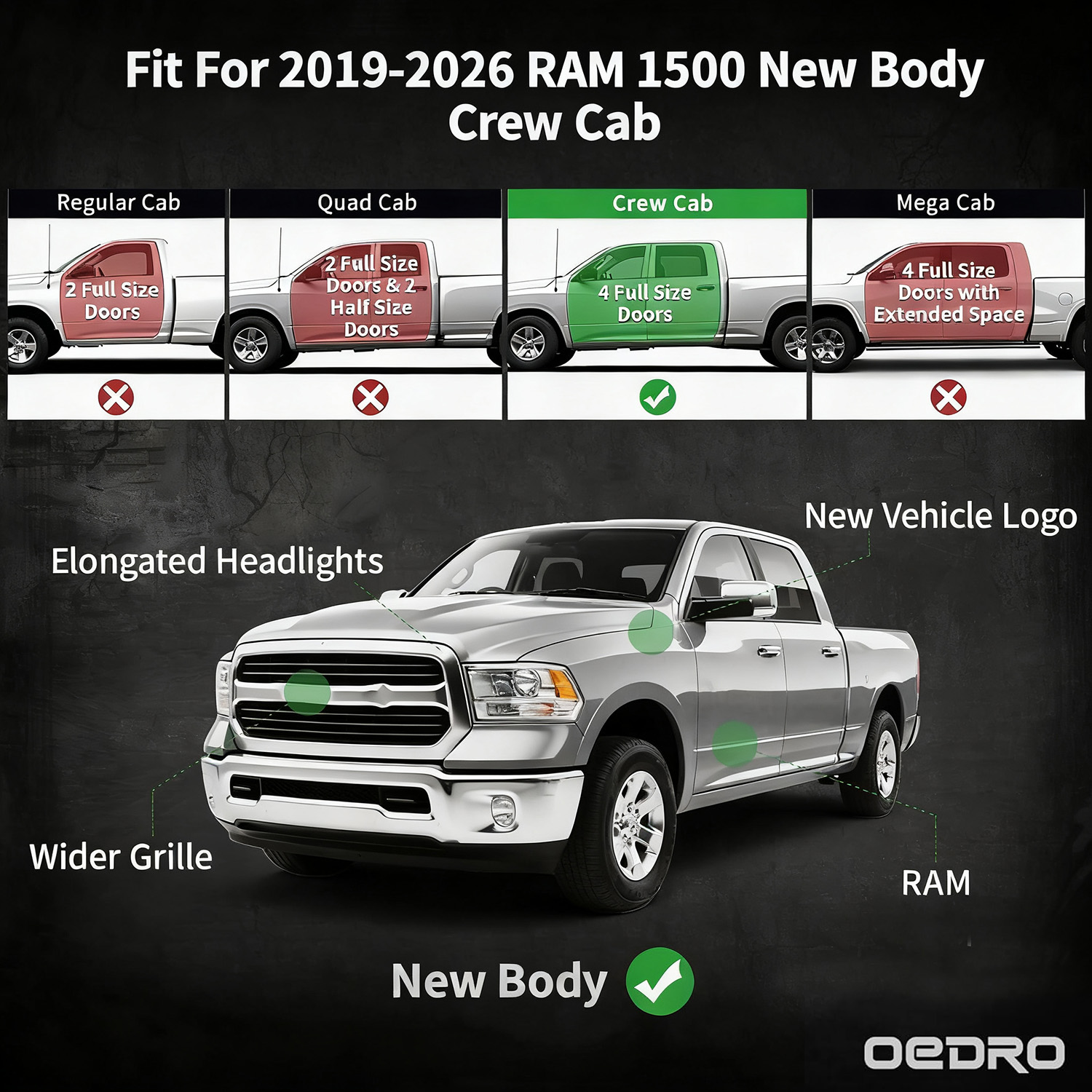 Side view of OEDRO Running Boards Compatible with 2019-2026 Ram 1500 New Body Crew Cab, Drop Down Side Steps Rails, Black Carbon Steel Nerf Bars