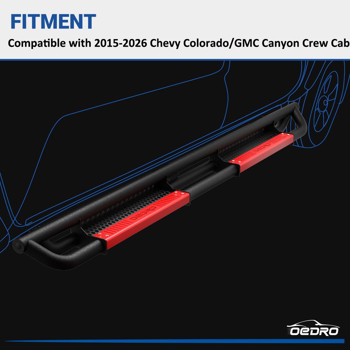 Side view of OEDRO Running Boards for 2015-2026 Chevy Colorado/GMC Canyon Crew Cab, w/ Paintable Plates Truck Side Steps