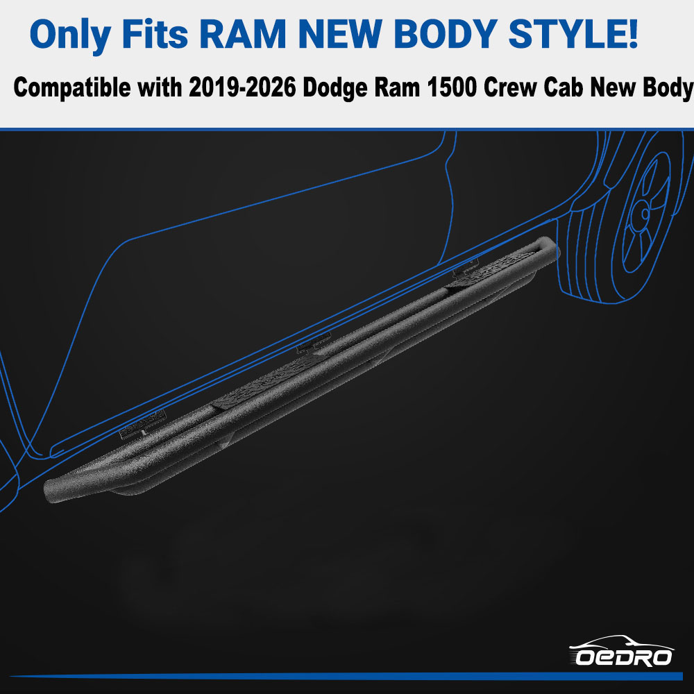 Side view of OEDRO Running Boards for 2019-2026 Dodge Ram 1500 Crew Cab (Not For Classic Models), Textured Black Heavy Duty Side Steps