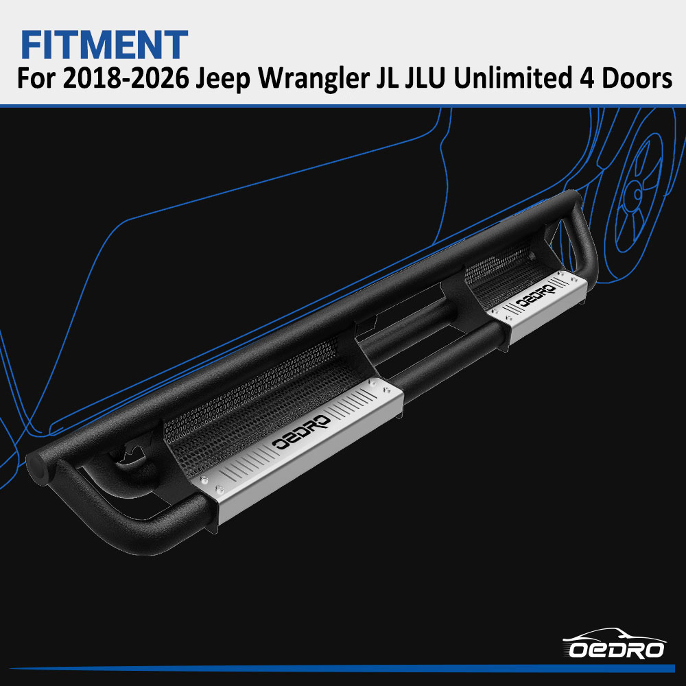 Side view of OEDRO 6" Running Boards for 2018-2026 Jeep Wrangler JL & Unlimited 4 Door, Black Silver Powder Coated Nerf Bar
