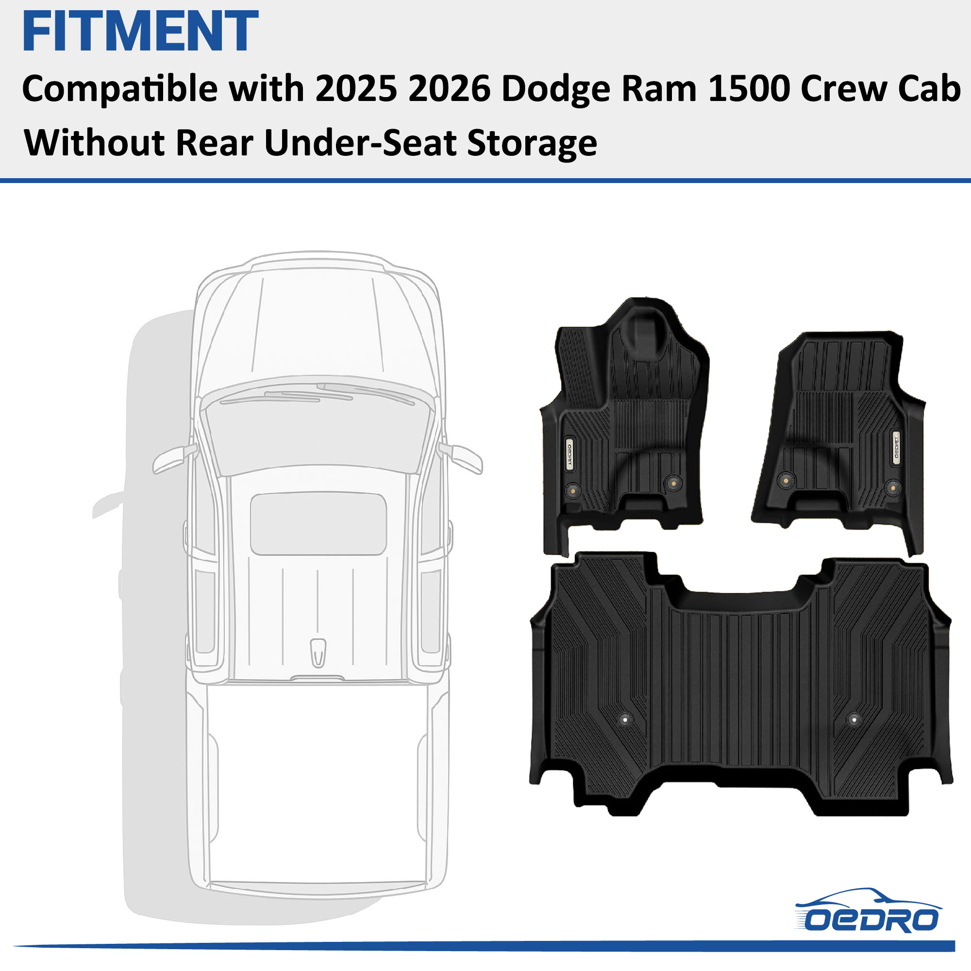 Side view of TPE Floor Mats Compatible with 2025 2026 Dodge Ram 1500 Crew Cab Without Rear Under-Seat Storage, All-Weather Custom Fit Liners, Front & Rear Full Set