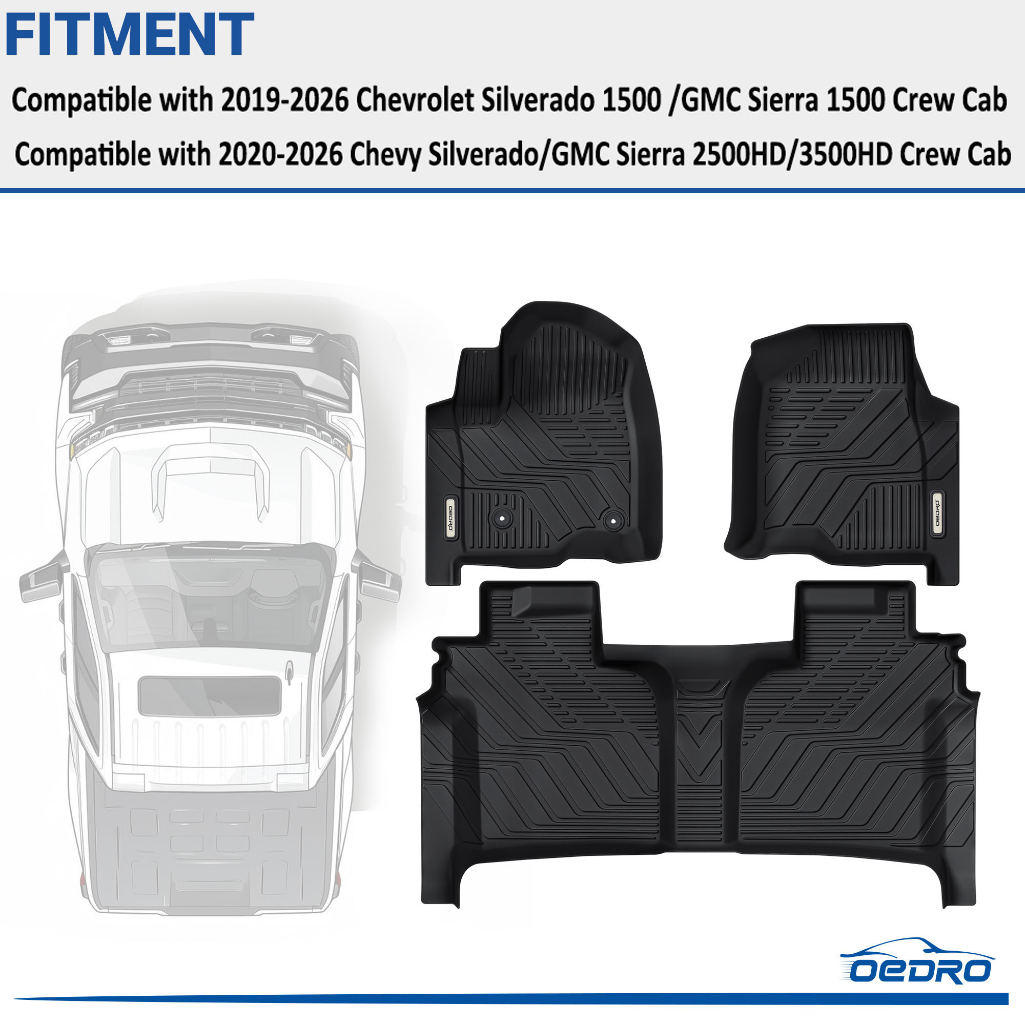 Side view of OEDRO Floor Mats Fits for 2019-2026 Chevy Silverado /GMC Sierra 1500 & 2020-2026 2500HD/3500HD Crew Cab W/ Rear Storage Box, Front Bucket Seat