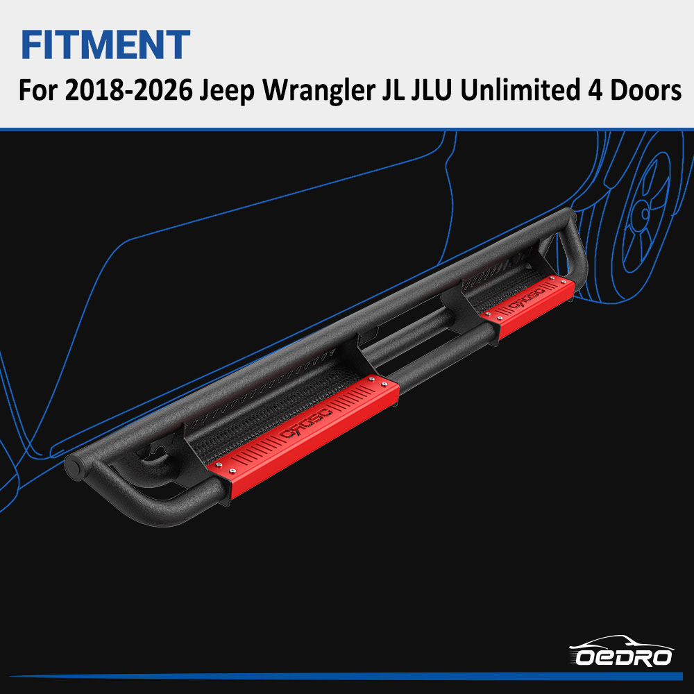 Side view of OEDRO Running Boards for 2018-2026 Jeep Wrangler JL Unlimited 4 Door, All Steel Black and Red Nerf Bar