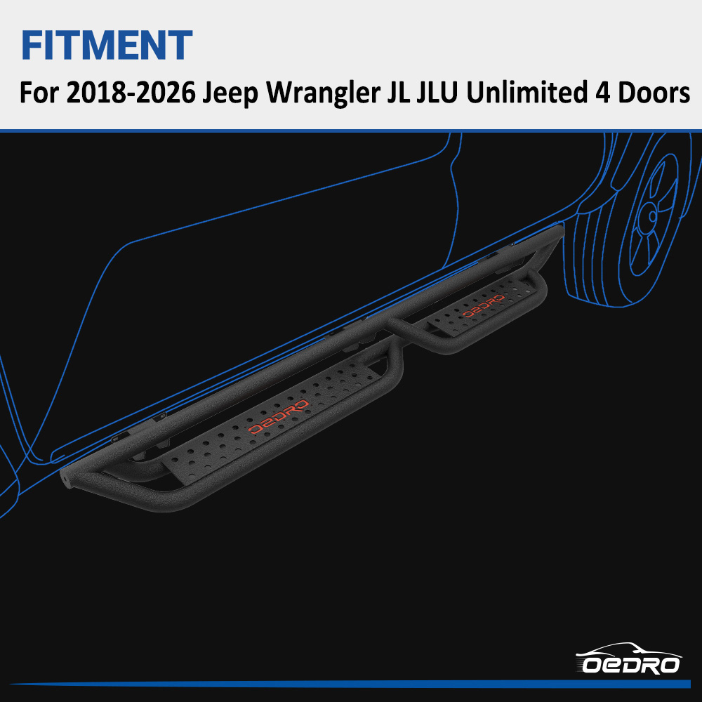 Side view of OEDRO All-Steel Build Running Boards Compatible with 2018-2026 Jeep Wrangler JL 4 Door, Bolt-on Side Steps with Leaf Shaped Design,Black Powder Coated