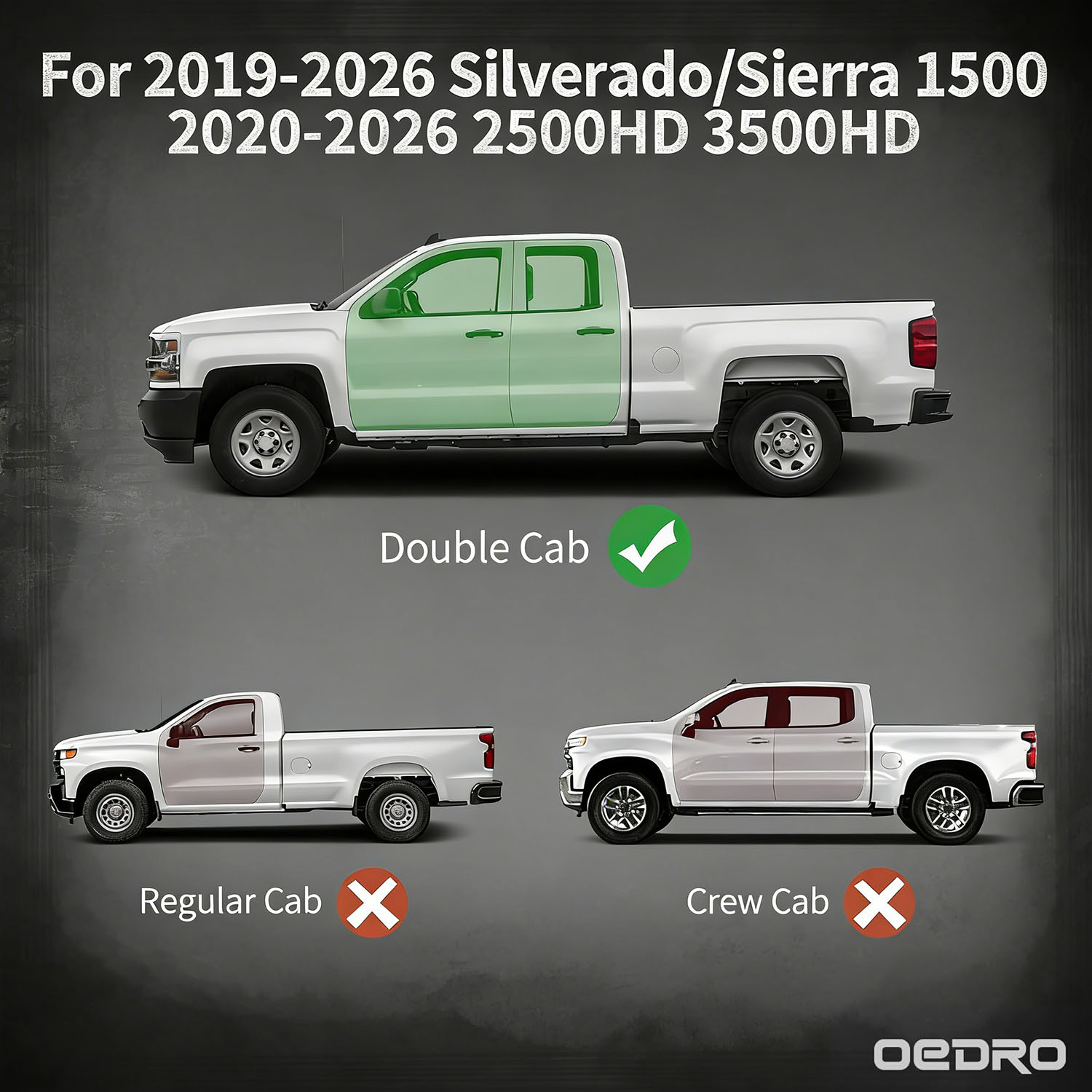 Side view of OEDRO Running Boards for 2019-2026 Chevy Silverado 1500 / GMC Sierra 1500 Double Cab; 2020-2026 Silverado/ Sierra 2500HD 3500HD double Cab.