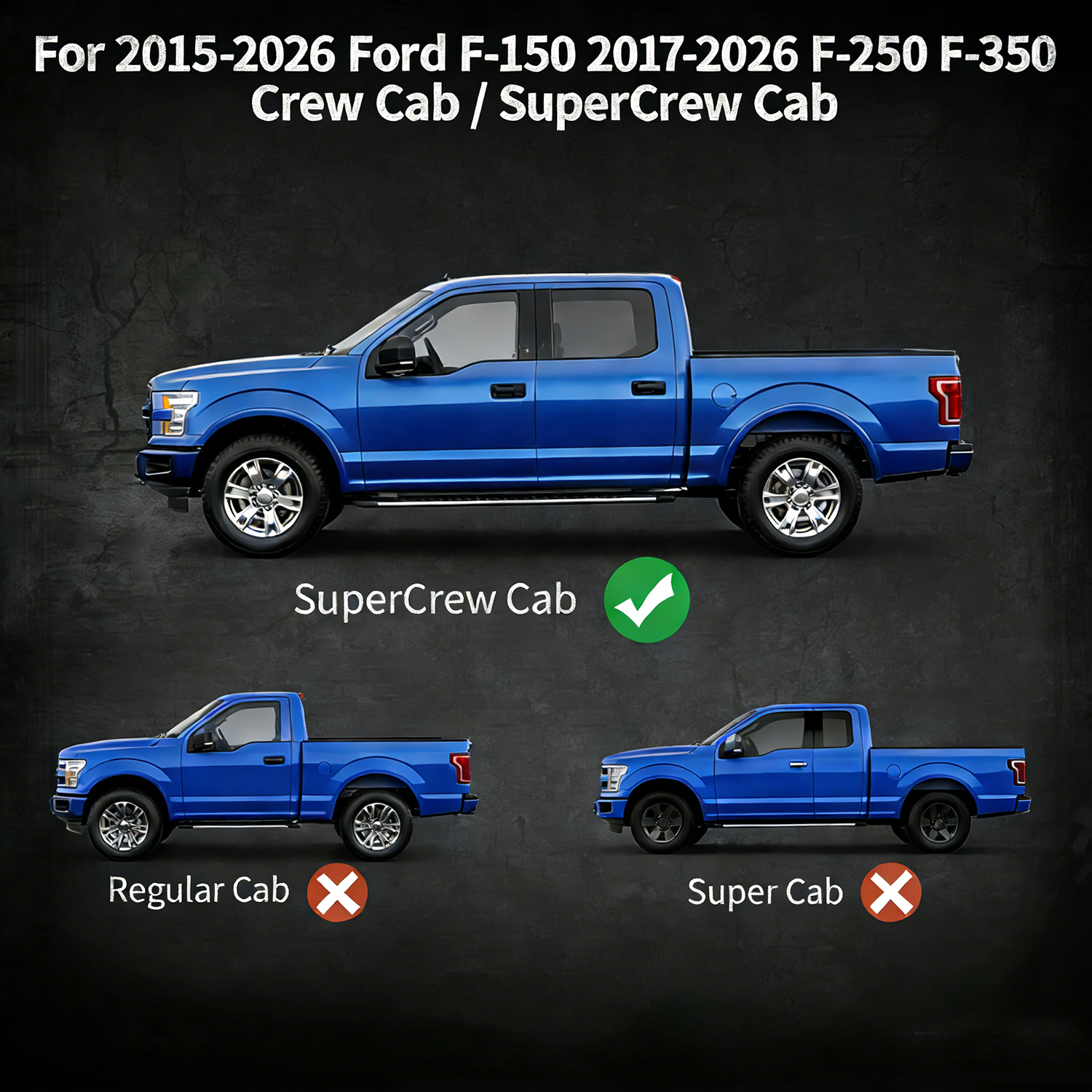 Side view of OEDRO Dual Concex Platform Running Boards Compatible with 2015-2025 Ford F150 SuperCrew Cab, 2017-2025 F250 F350 Super Duty, Bed Access Side Steps