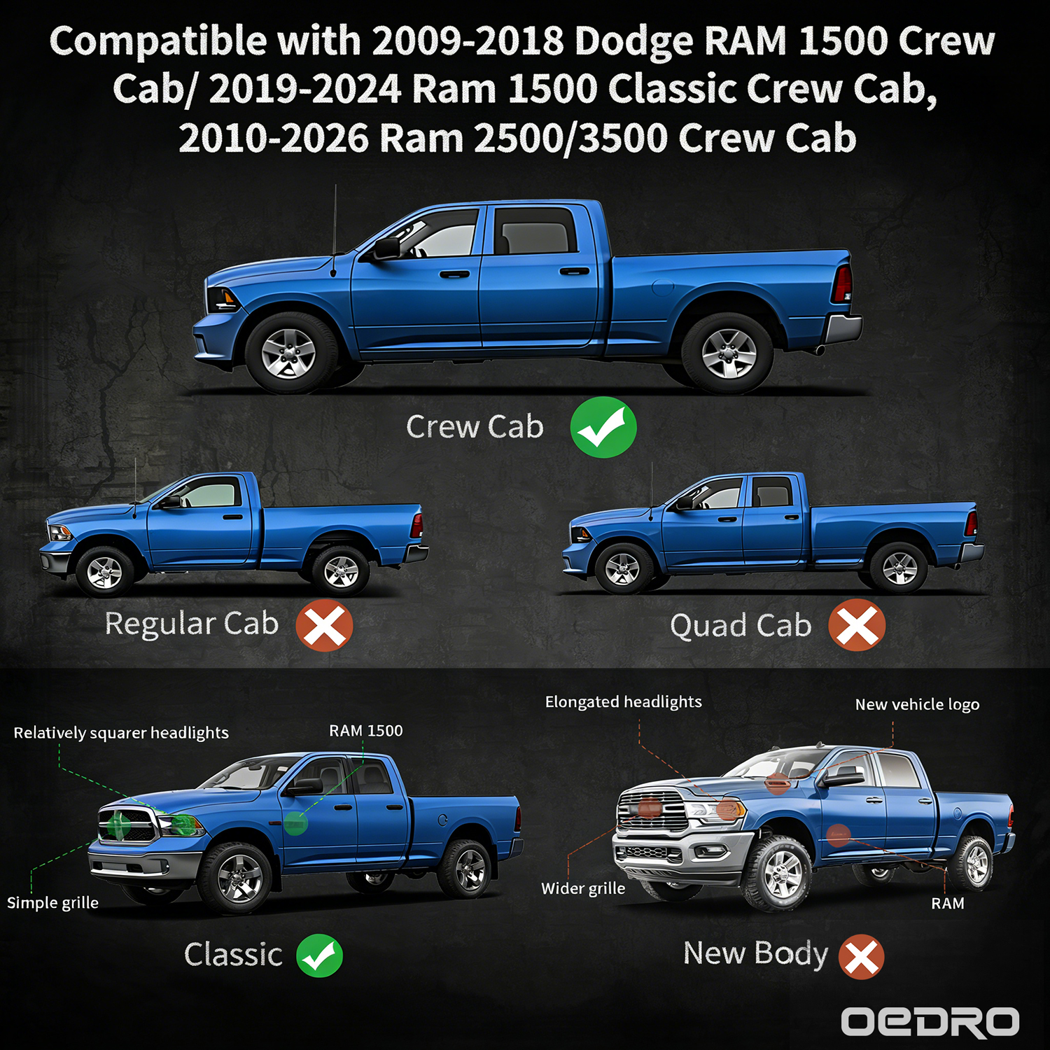 Side view of OEDRO Tri Convex Platform Running Boards Compatible with 2009-2018 Dodge Ram 1500 Crew Cab 2019-2024 Ram 1500 Classic Crew Cab 2010-2026 Ram 2500 3500