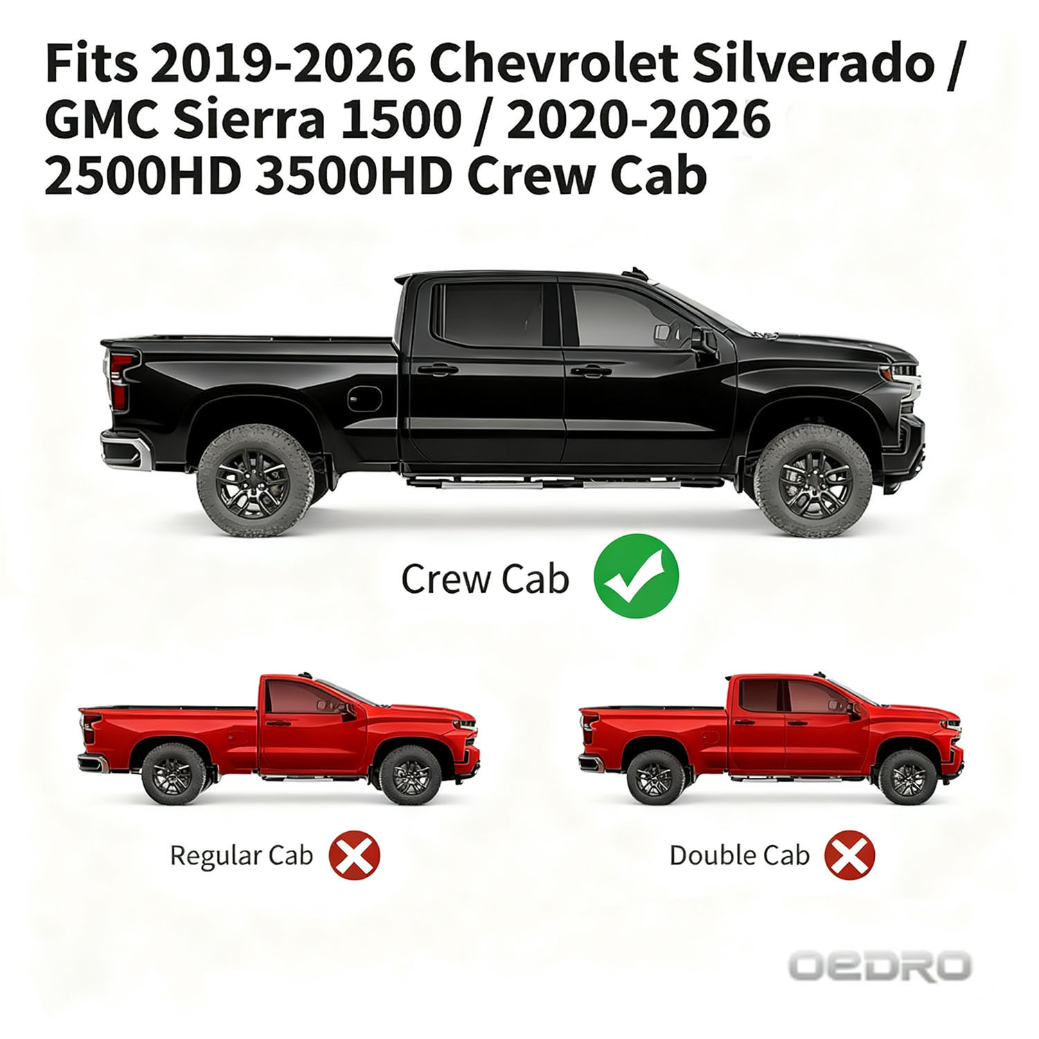 Side view of OEDRO Running Boards for 2019-2026 Chevy Silverado/GMC Sierra 1500 Crew Cab & 2020-2026 2500HD/3500HD (Excl. 2019 1500 LD/Limited)