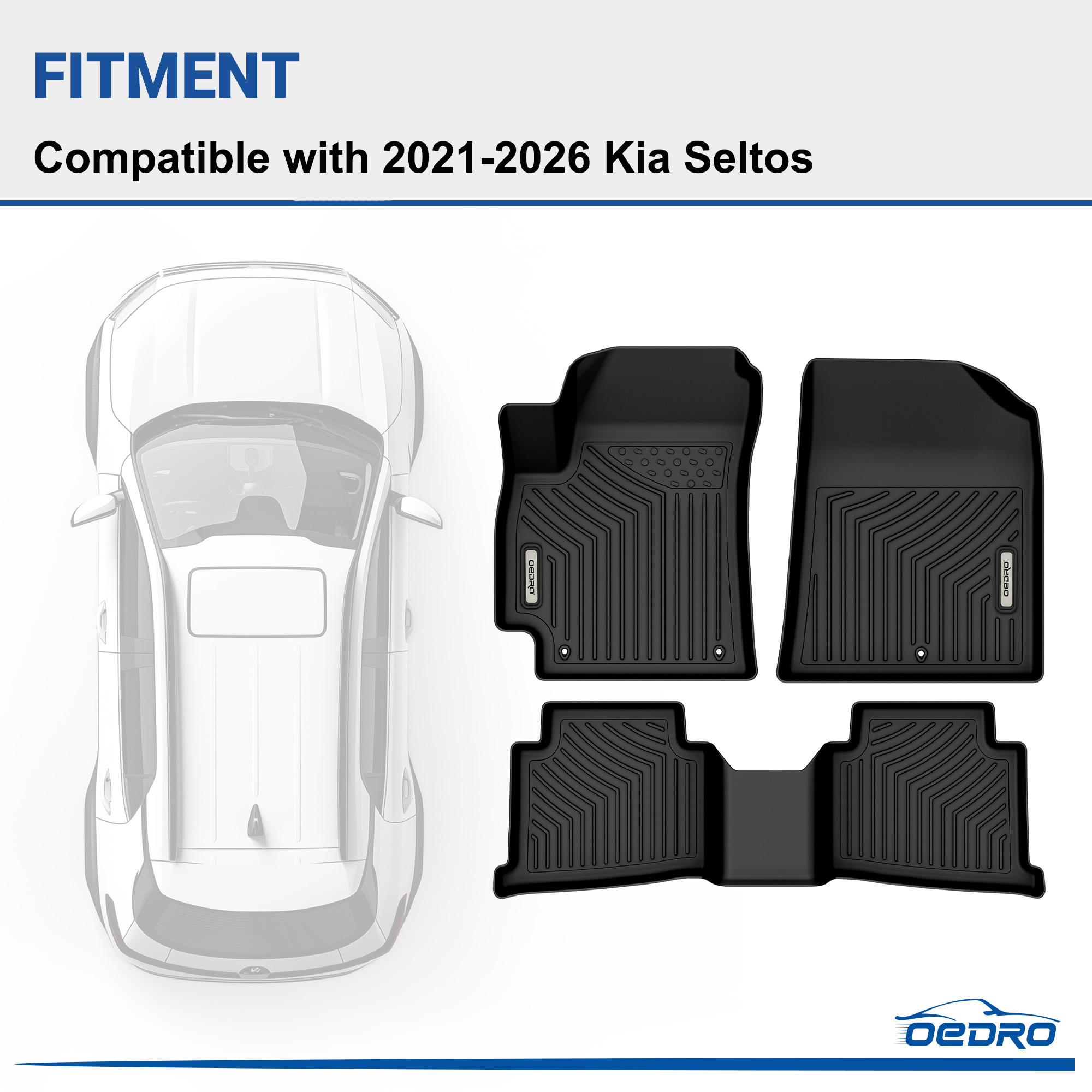Side view of OEDRO Floor Mats Fit for 2021-2026 Kia Seltos, TPE All-Weather Seltos Floor Liners Custom Fit Rubber, 2 Row Liner Set Black
