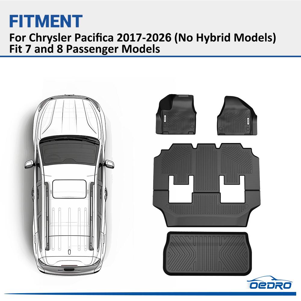 Side view of Floor Mats & Cargo Mat Fit for Chrysler Pacifica 2017-2026 (No Hybrid Models), Fit 7 and 8 Passenger Model, 3D All-Weather TPE Floor Liners