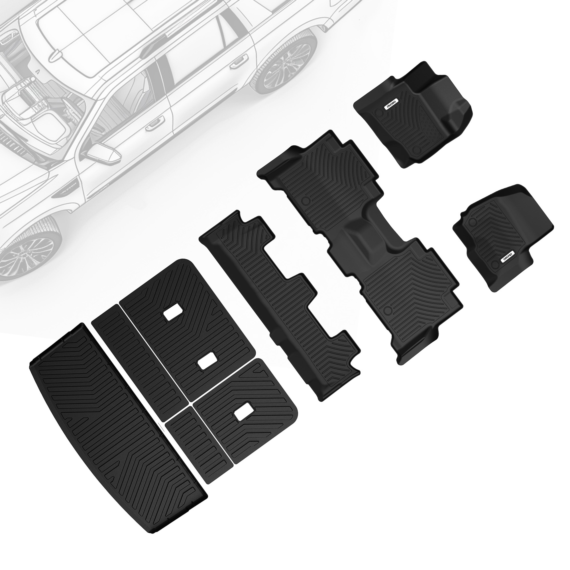 Side view of OEDRO Floor Mats Fits for Ford Expedition Bench 2018-2024 8-Seater, Custom Fit TPE All Weather Trunk Mat w/ Backrest  Full Mat Set