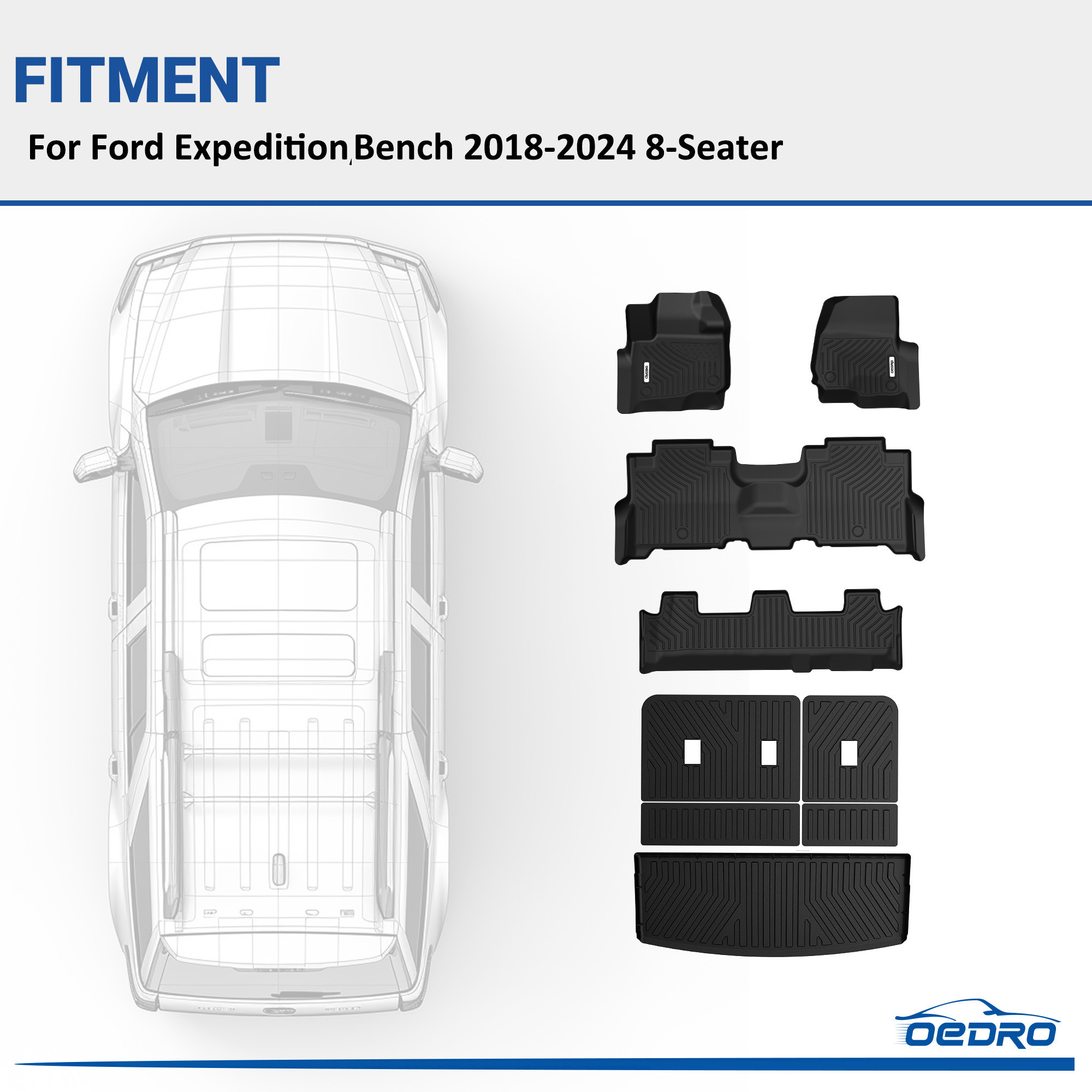 Side view of OEDRO Floor Mats Fits for Ford Expedition Bench 2018-2024 8-Seater, Custom Fit TPE All Weather Trunk Mat w/ Backrest  Full Mat Set